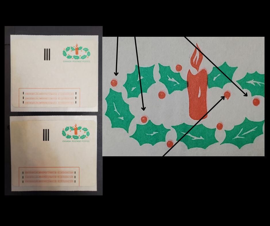 Canada 1ST 32c Multicoloured Candle & Holly, 1983 Christmas Issue, 2 VFNH Stick 'N Tic Labels Strong & Weak Tag Bar, Ghost Print Doubling of Berries, One With Deformed Berry