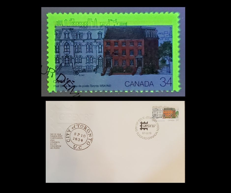 Canada #1122T1 34c Multicoloured Toronto Post Office, 1987 CAPEX '87 Issue, 1 VF Official Canada Post FDC With Single Showing Near G4aT Tagging Error