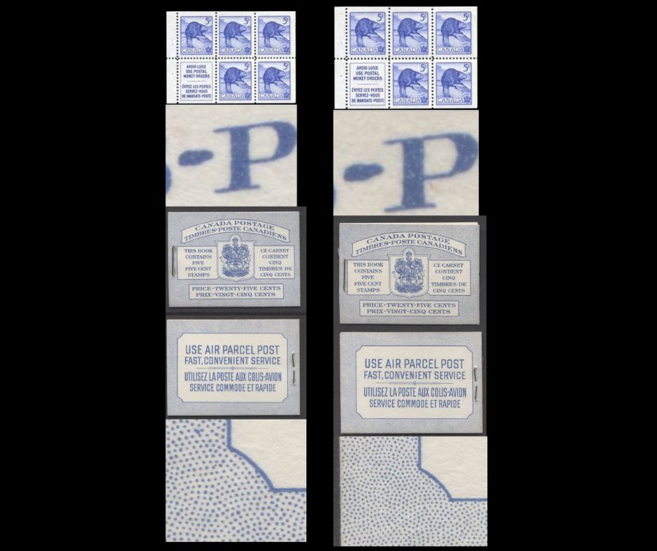 Canada #BK48aBIIIgMi&Mii 1954 Wildlife Issue, Two Complete 25c Bilingual Booklets Made Up Of 5c Blue, One Pane Of 5+Label, Front cover IIIg, Back Cover Mi and Mii, Type II Cover, Ribbed Paper