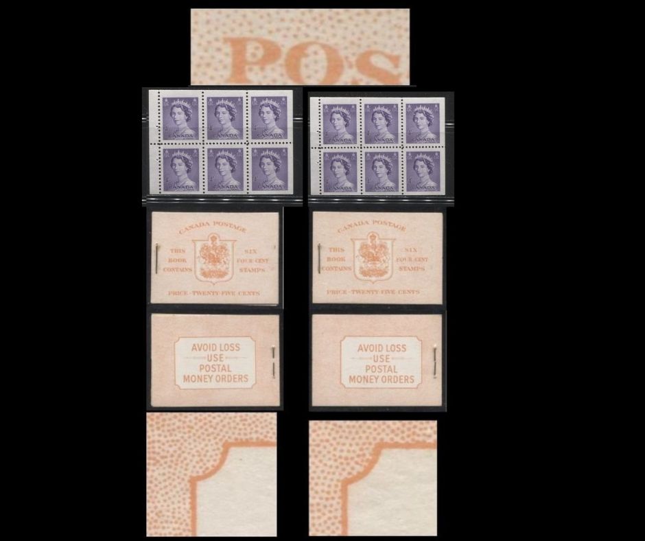 Canada #BK45EIIiEiii-Eiv 1953-1954 Karsh Issue Complete 25c, 2 English Booklets Containing 1 Pane of 6 of the 4c Violet Queen Elizabeth II - Back Covers Eiii and Eiv for Harris Front Cover Type IIi