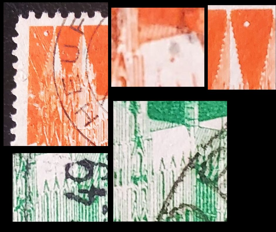 Germany - American and British Zone MI#80VWF/87IIWE (641 & 648) 1948-1951 Buildings Issue, 10pf Green & 25pf Vermilion, F-VF Used Examples With Unlisted Plate Flaws, Net Est. $12