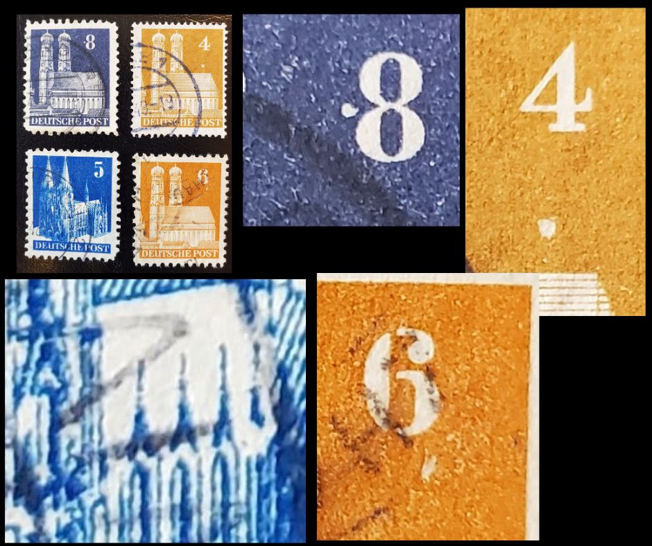 Germany - American and British Zone MI#74bWA/79WB (635a/640) 1948-1951 Buildings Issue, 4pf Orange Brown - 8pf Dark Slate Blue, F-VF Used Examples With Unlisted Plate Flaws, Net Est. $10