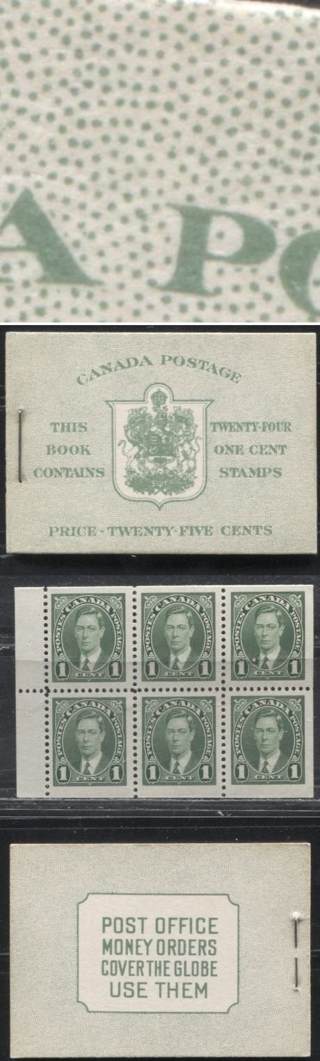 Lot 80 Canada #BK28cEIIa 1c Green King George VI 1937-1942 Mufti Issue, A VFNH Complete English Booklet Containing 4 Panes of 6, Cover type IIa, 6c Airmail Rate Page, Smooth Panes