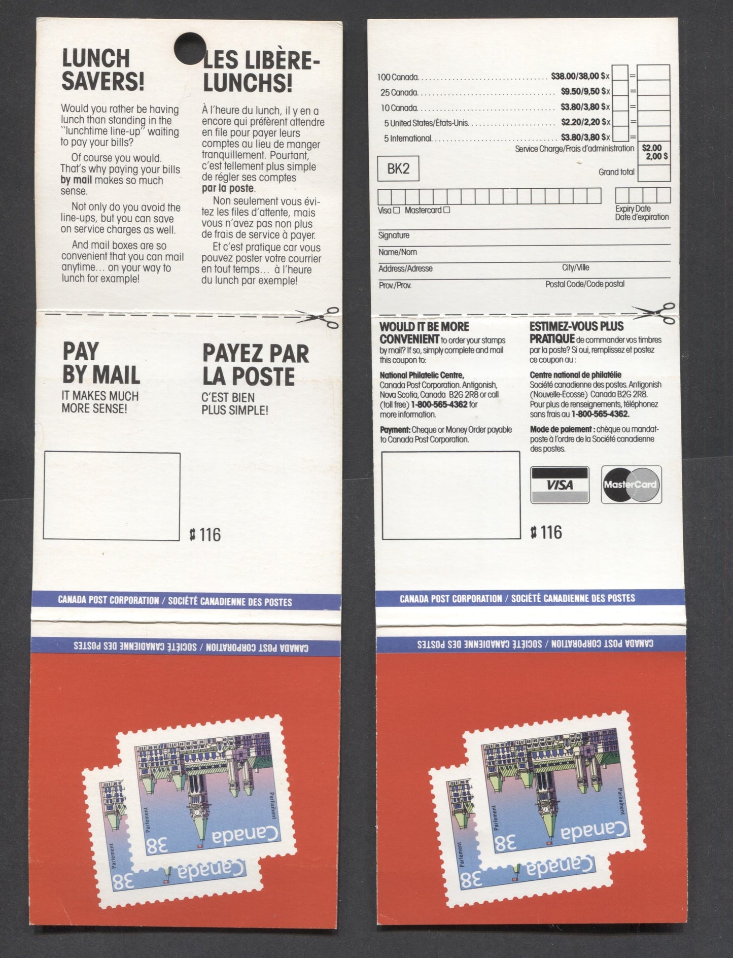 Lot 8 Canada #BK101a-b 38c Multicolored Parliament Building, 1988 Flag & Wildlife Issue, 2 VFNH Booklets Of 10 + Labels With Glossy & Matte Covers, Stamps By Mail & Lunch Saver Texts,Unsurgaced & Surfaced/Glossy Covers, LF Stock