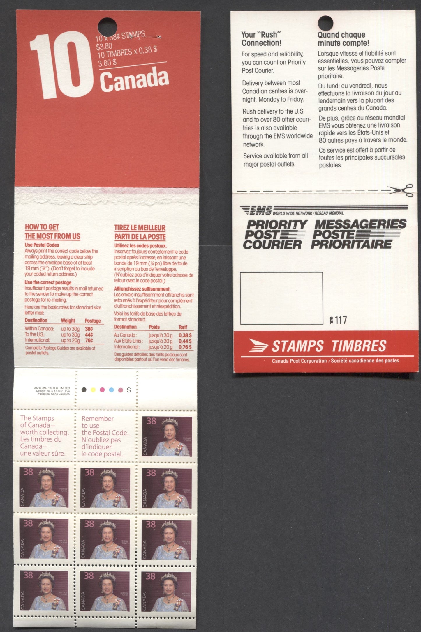 Lot 7 Canada #BK102b,c 38c Multicolored Queen Elizabeth II, 1988 Flag & Wildlife Issue, 2 VFNH Booklets Of 10 With Different Covers & Texts