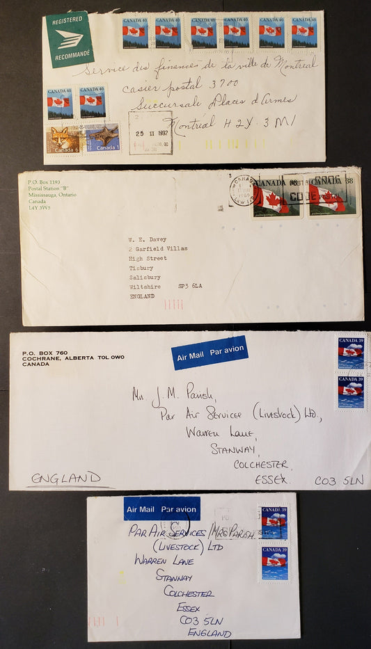 Canada #1166, 1155ii, 1159, 1169, 1191 38c-40c 38c-40c Flag Sheet and Booklet Stamps, 1988-1992 Mammal and Architecture Issue, Usage on Domestic Registered and International Covers, 1989-1992
