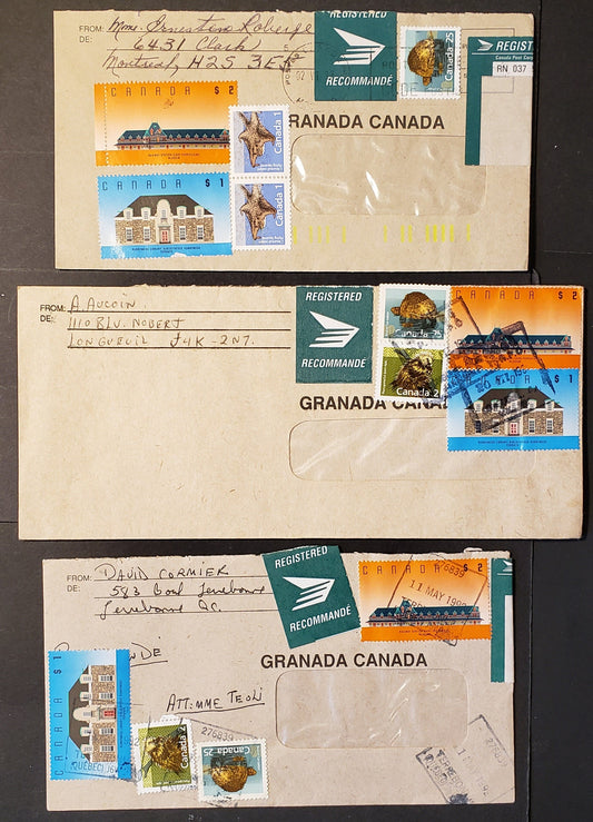Canada #1155ii, 1156i, 1161-ii, 1181-1182 $1-$2 High Value Definitives, 1988-1992 Mammal and Architecture Issue, Combination Use on Three $3.27 Registered Domestic Covers