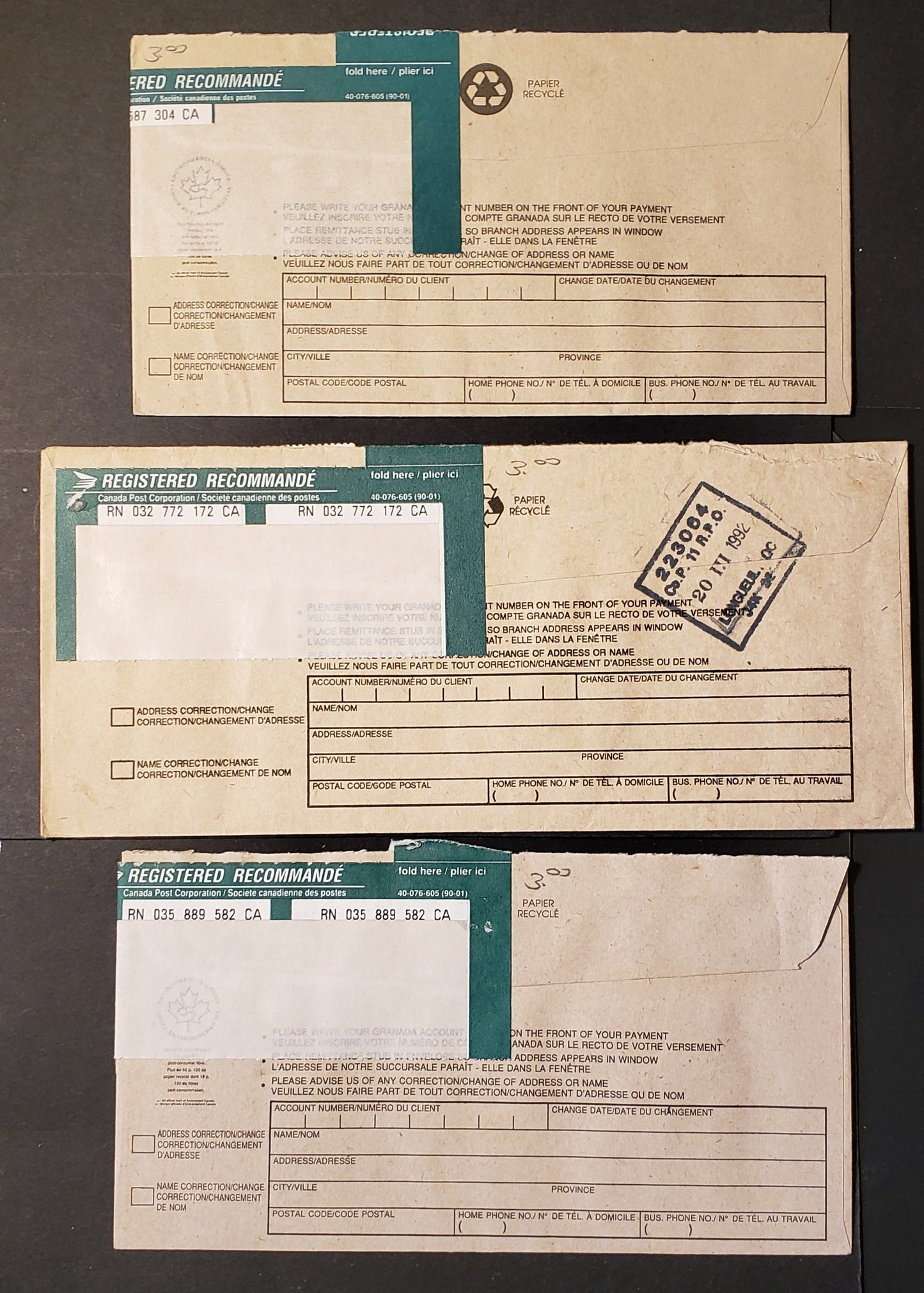 Canada #1155ii, 1156i, 1161-ii, 1181-1182 $1-$2 High Value Definitives, 1988-1992 Mammal and Architecture Issue, Combination Use on Three $3.27 Registered Domestic Covers