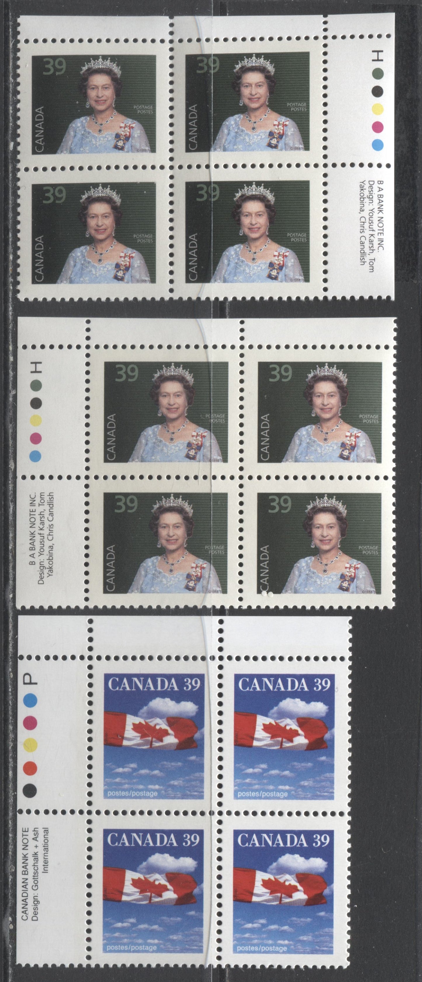 Lot 8 (C) Canada #1166-1167 39c Flag and Queen Elizabeth II, 1988-1992 Mammal and Architecture Issue, VFNH UL and UR Inscription Blocks