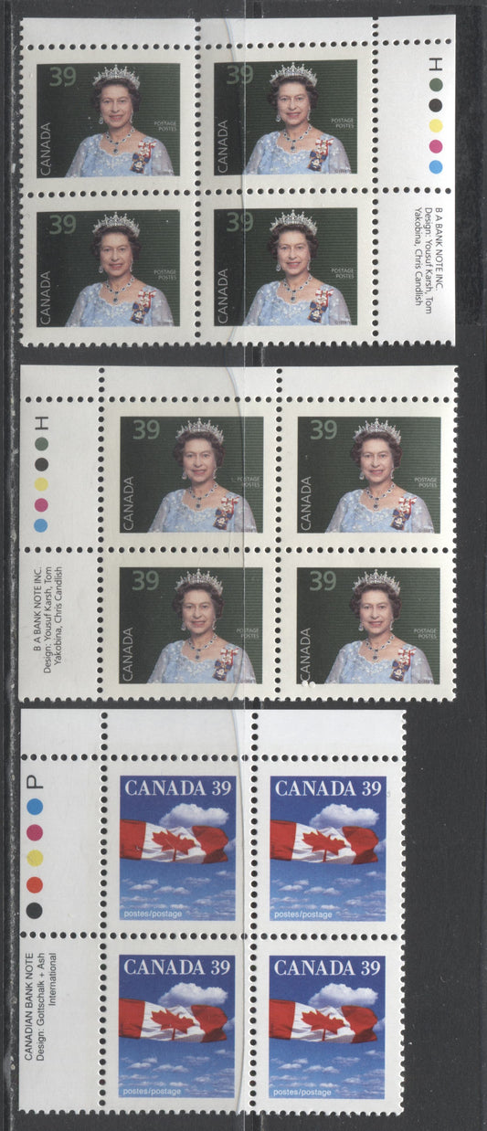 Canada #1166-1167 39c Flag and Queen Elizabeth II, 1988-1992 Mammal and Architecture Issue, VFNH UL and UR Inscription Blocks