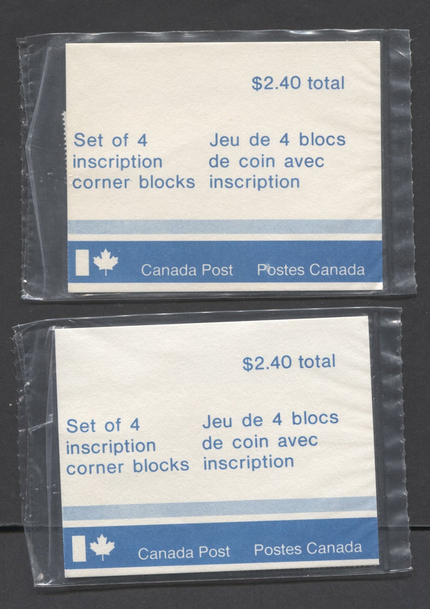 Lot 11 Canada #839 15c Blue & Multicolored Wooden Train, 1979 Christmas, 2 VFNH Sealed Packs Of Plate Blocks On DF/DF Paper With Type 4A LF & HF Inserts With Larger Font, Unitrade Cat. As Blocks $14