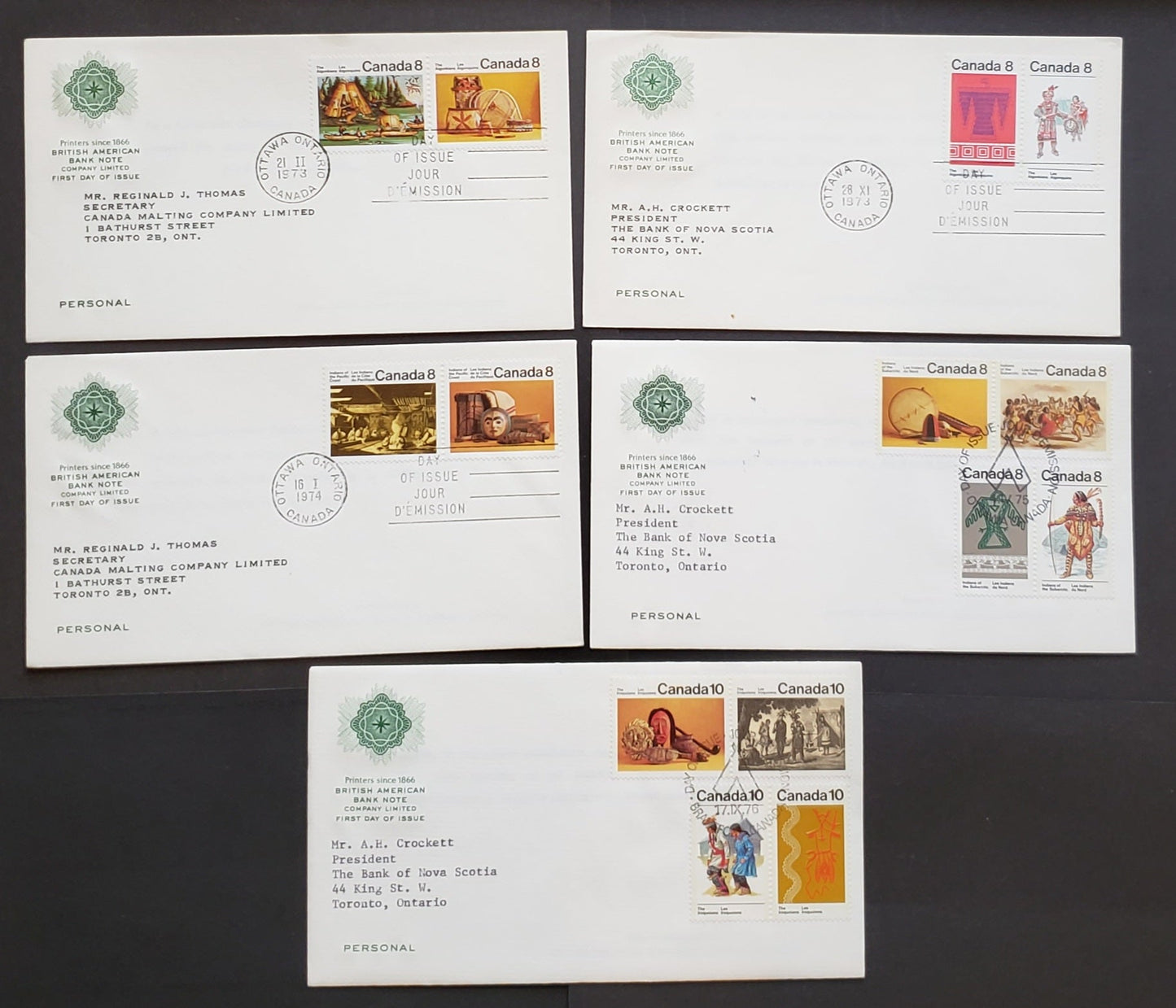 Lot 284 Canada #566/581 8c-10c Multicoloured Various Designs 1973-1976 Indians of Canada Issue, 5 British American Bank Note First Day Covers Franked With Singles, pairs and combinations, DF, LF, MF, HF and HB Paper, Cat. Value $10
