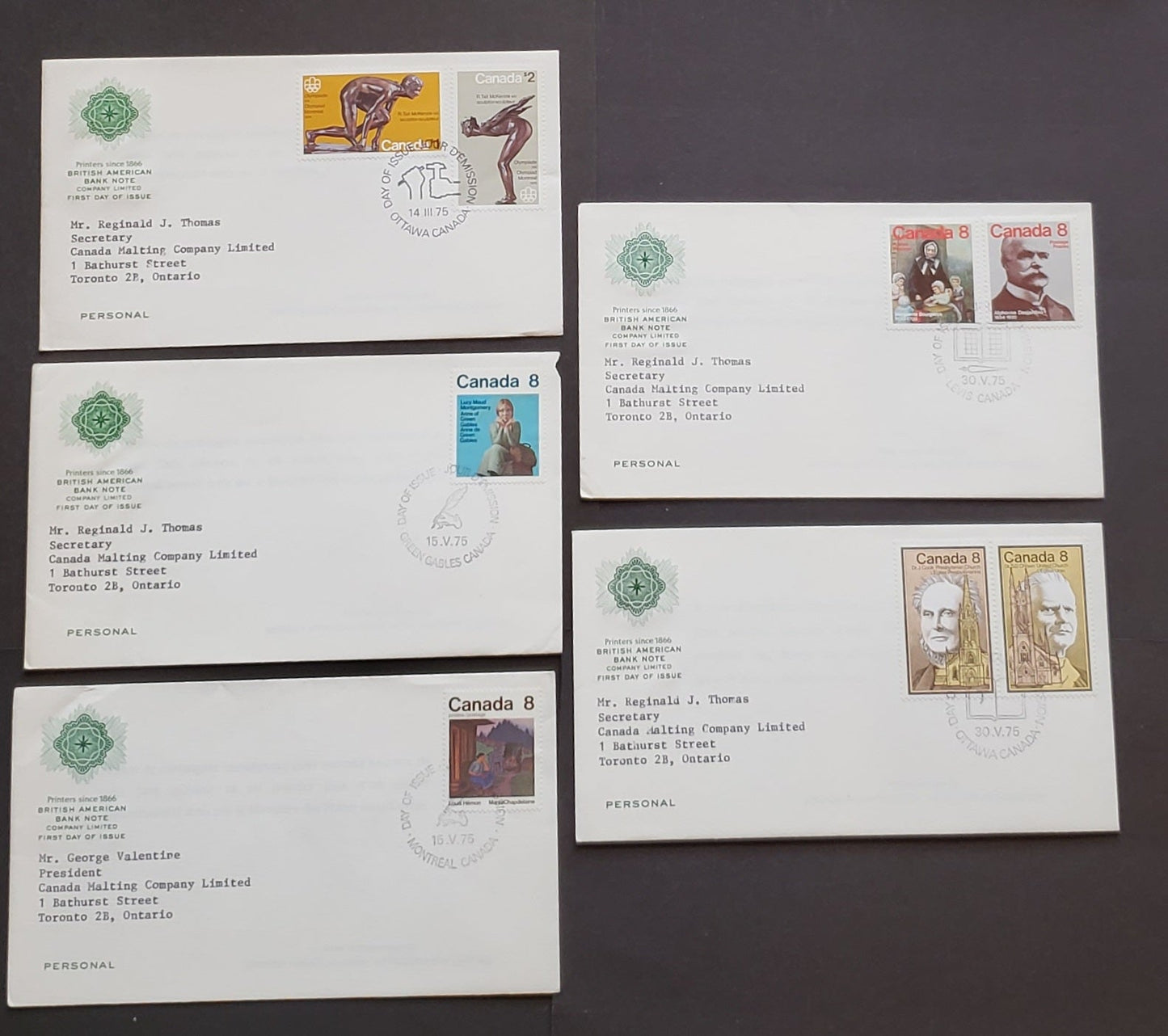 Lot 285 Canada #656-663 8c-$2 Multicoloured Various Designs 1975 Commemmoratives, 5 British American Bank Note First Day Covers Franked With Singles and a pair, NF, DF, MF and HF Paper, Cat. Value $10