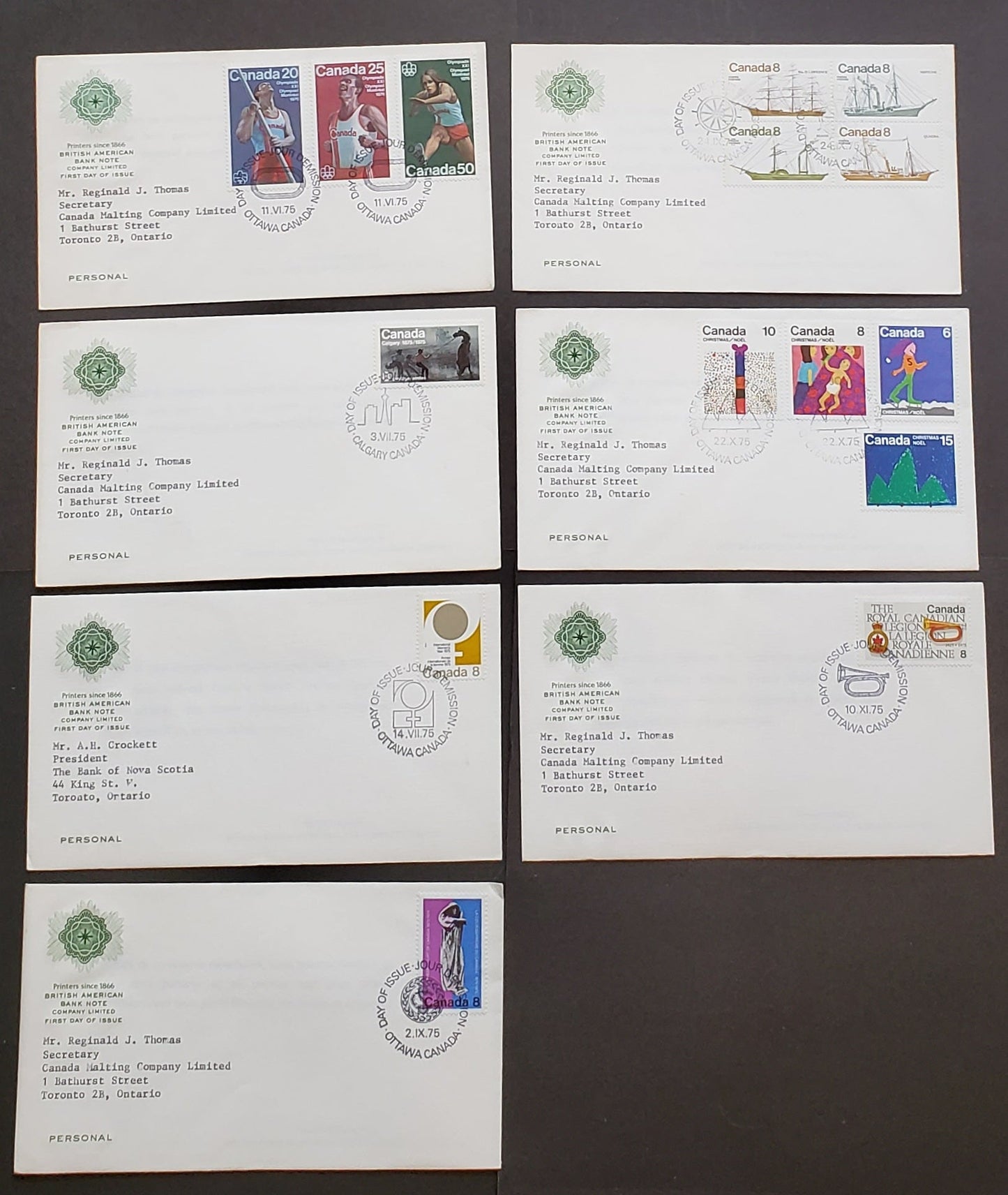 Lot 286 Canada #664-680i 8c-50c Multicoloured Various Designs 1975 Commemmoratives, 7 British American Bank Note First Day Covers Franked With Singles, block and combinations, LF, MF, HF and HB Paper, Cat. Value $14