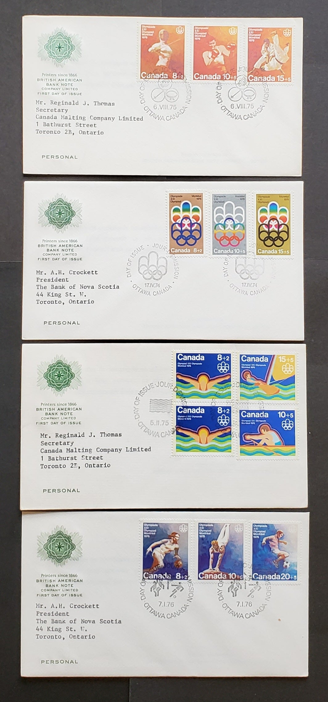 Lot 287 Canada #B1-B12 8c + 2c - 20c + 5c Multicoloured COJO Symbol & Various Sports 1976 Montreal Olympics Semi-Postal Issues, 1 British American Bank Note First Day Covers Franked With Combinations, DF, MF and HF Paper, Cat. Value $8
