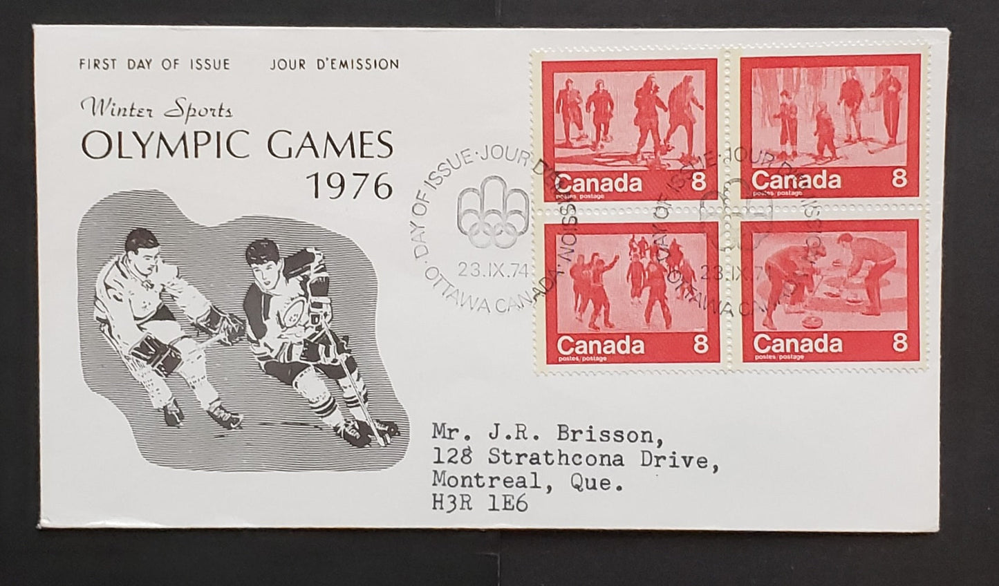 Lot 288 Canada #644-647 8c Red Snowshoeing, Skiing, Skating & Curling 1974 Winter Sports Issue, 1 NRC First Day Covers Franked With Block, HB Paper, Cat. Value $2