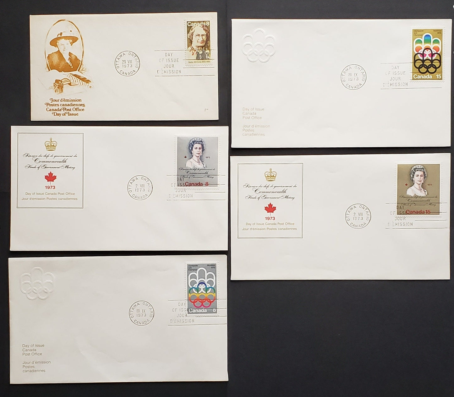 Lot 289 Canada #620-624 8c&15c Multicoloured Various Designs 1973 Commemorative Issues, 5 Canada Post First Day Covers Franked With Singles, Paper, Cat. Value $5.35
