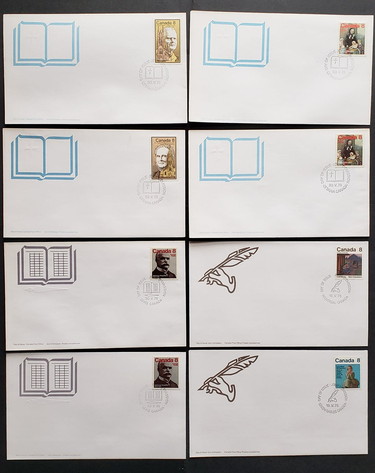 Lot 276 Canada #658-663 8c Multicolored Various Designs 1975 Commemoratives, 8 Canada Post First Day Covers Franked With Singles, DF Smooth & Ribbed & MF Paper, HB Envelopes, Cat. Value $12.8