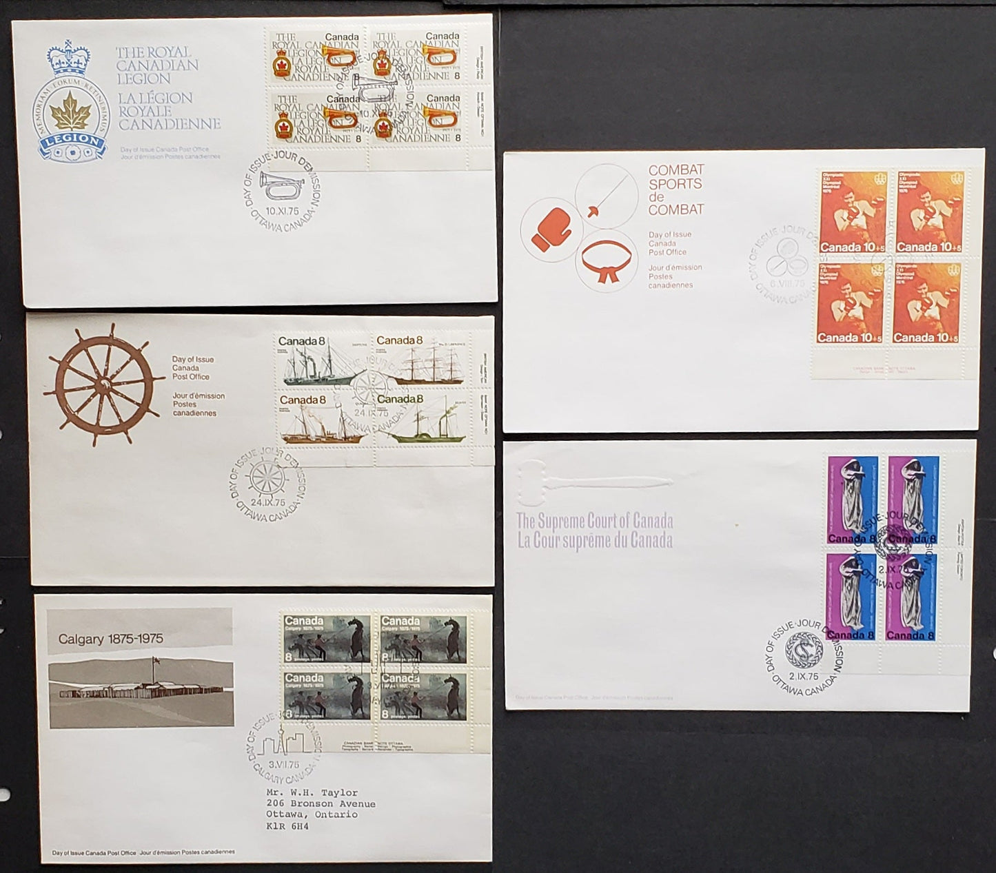 Lot 277 Canada #667/680 8c-10+5c Multicoloured Various Designs 1975 Commemoratives & Semi Postals, 5 Canada Post First Day Covers Franked With LR Blocks, DF, LF, MF & HB Paper, DF & HB Envelopes Legion Issue Is Lf, Cat. Value $23