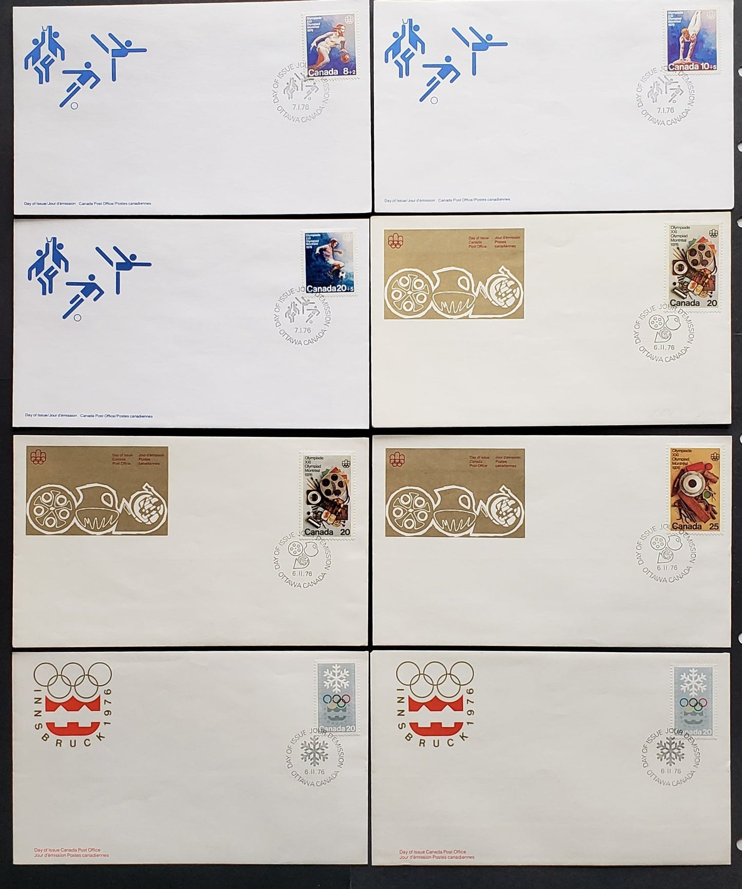 Lot 278 Canada #B10-B12, 684/689 8+2c-25c Multicoloured Various Designs 1976 Commemoratives & Semi Postals, 8 Canada Post First Day Covers Franked With Singles, DF, MF & HF Paper, DF, HB, DF-fl & LF-fl Envelopes Olympics All Mf, Cat. Value $15.5