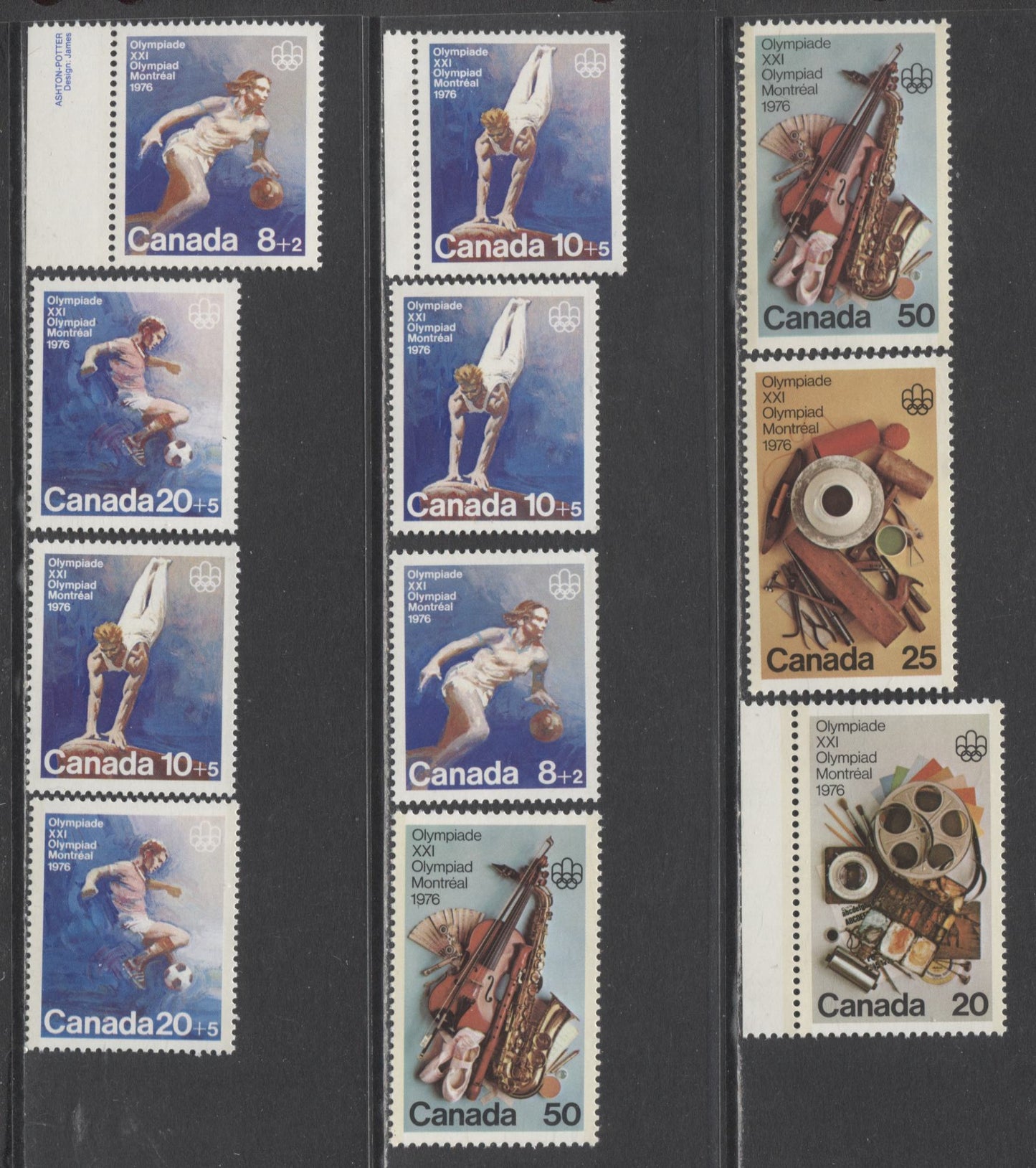 Lot 289 Canada #B10,B10i, B11,B11i,B12,B12i, 684-686 8+2c - 50c Multicolored Basketball - Perfoming Arts, 1976 Team Sports, Olympic Arts And Culture, 11 VFNH Singles On Various Paper Varieties