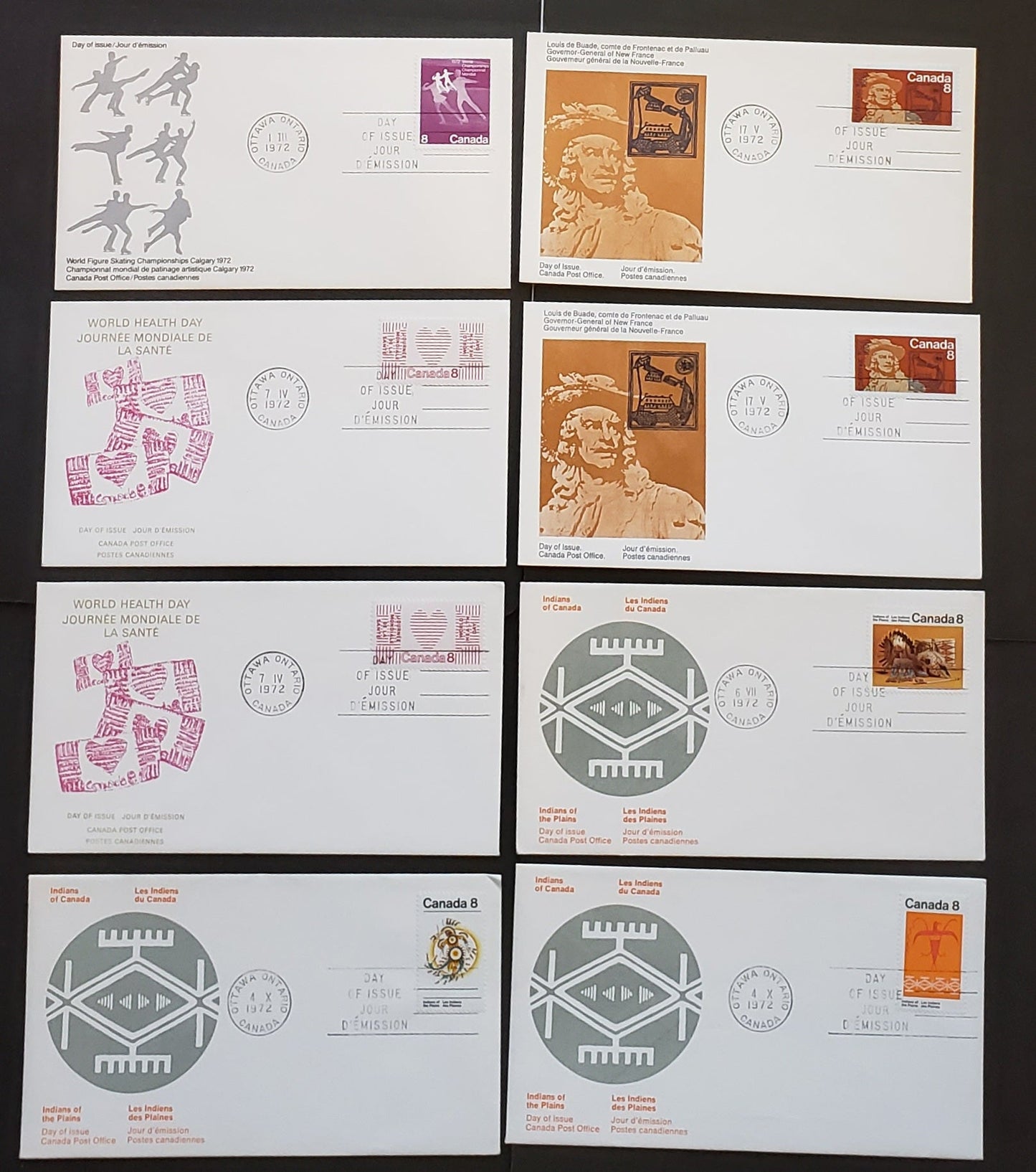Canada #559,560, 561-561i, 562, 564ii, 565i 8c Multicolored Various Subjects 1972 Commemoratives, 8 Canada Post FDC's Franked With Singles, LF, DF, F, MF & HF Papers, Cat. Value $16.8