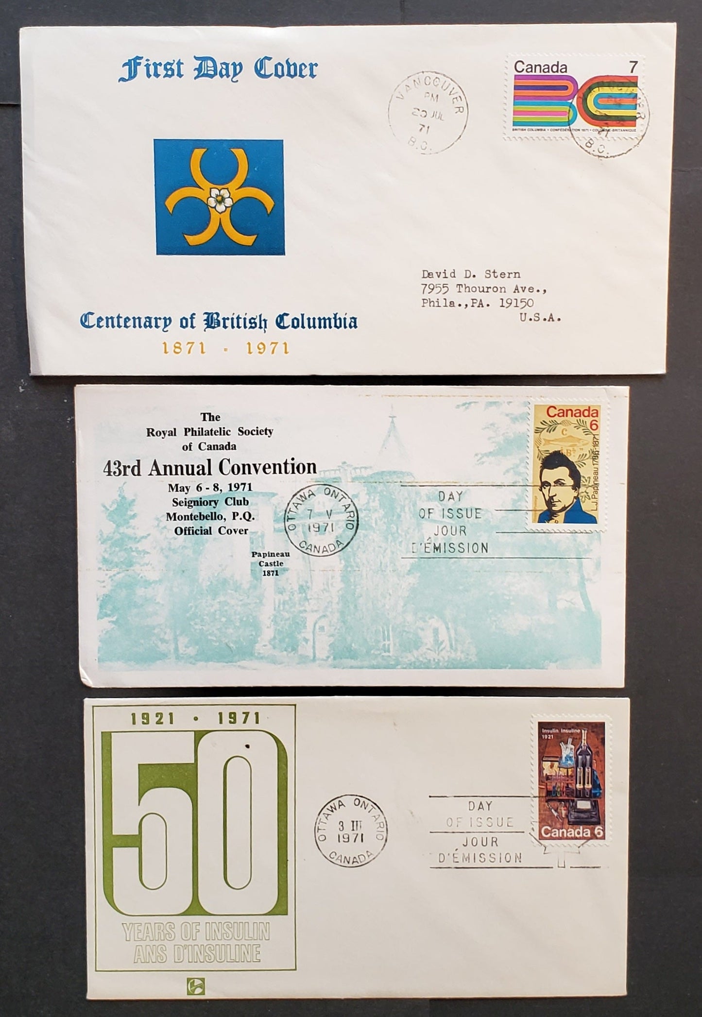 Canada #533, 539, 552 6c-7c Multicoloured Various Designs 1971 Insulin - BC Centennial, 3 Hoechst(533), Cole For RPSC(539), Unknown(552) First Day Covers Franked With Singles, HF, DF, HB Paper, Better CachetsCat. Value $12