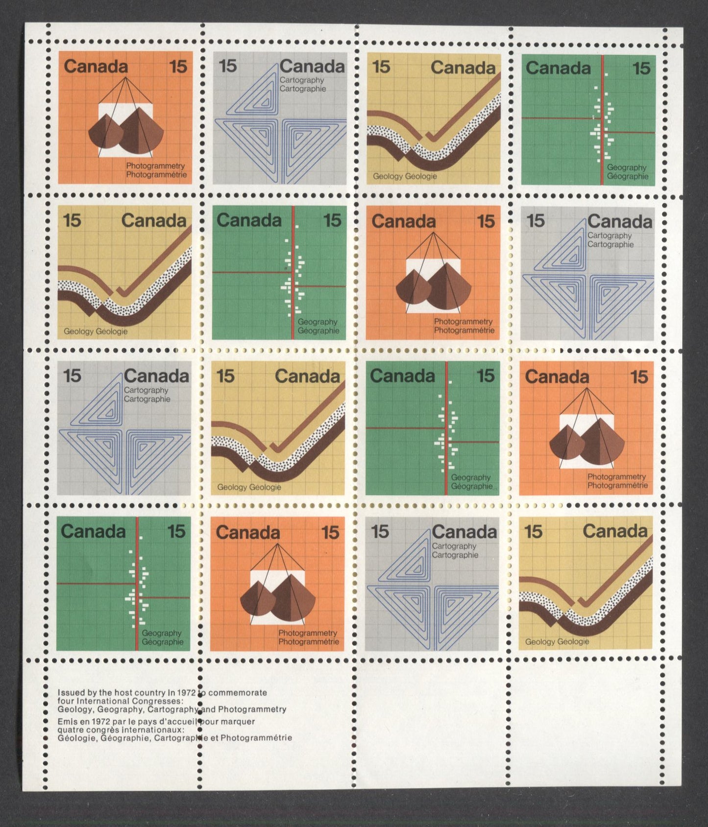 Canada #585a 15c Multicoloured Various Designs, 1972 Earth Sciences Issue, Field Stock Sheet Of 16, HF/HF Paper, VF-84 NH, Unfolded, Unitrade Cat. As Singles $35,