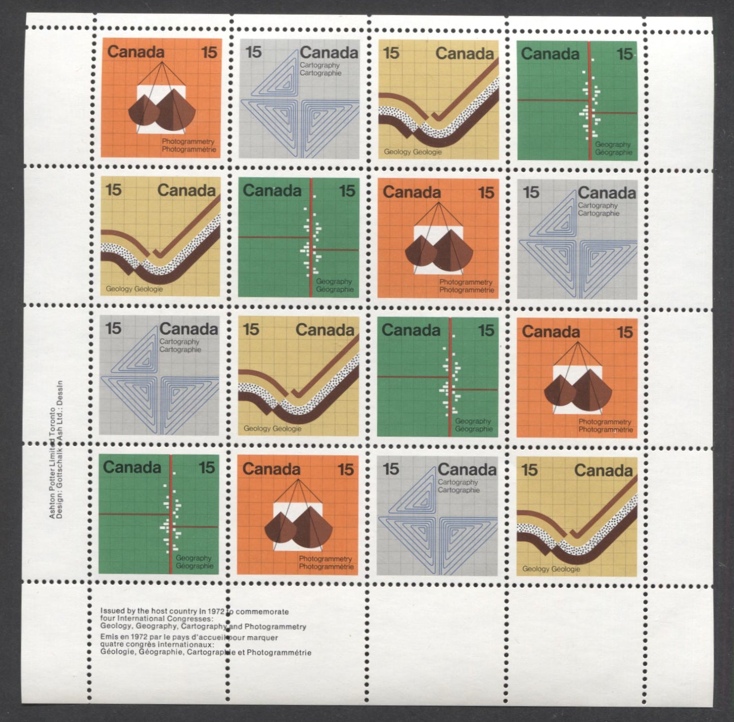 Lot 130 Canada #585a 15c Multicoloured Various Designs, 1972 Earth Sciences Issue, LL Philatelic Stock Sheet Of 16, HF/HF Paper, VF-84 NH, Unfolded, Unitrade Cat. As Singles $35,