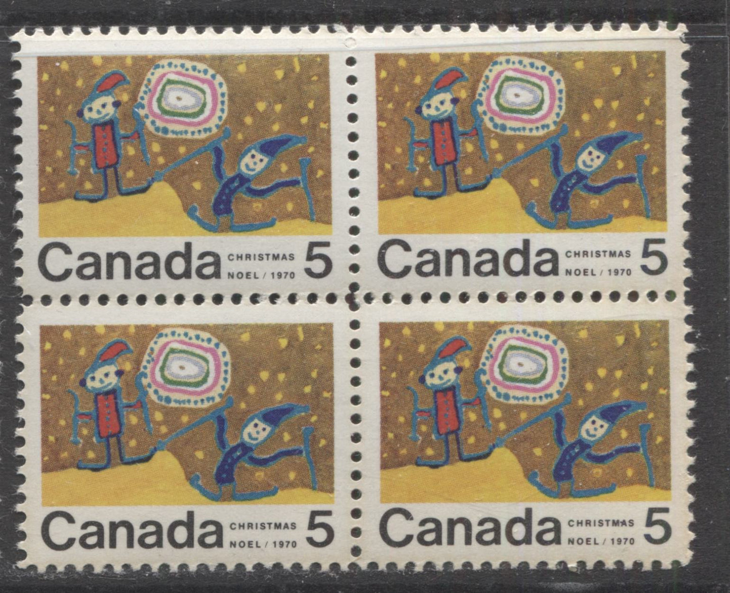 Lot 14 Canada #522i 5c Multicolored Children Skiing, 1970 Christmas, A VFNH Block Of 4 On Ribbed HF Paper, Perf 11.9 x 11.95