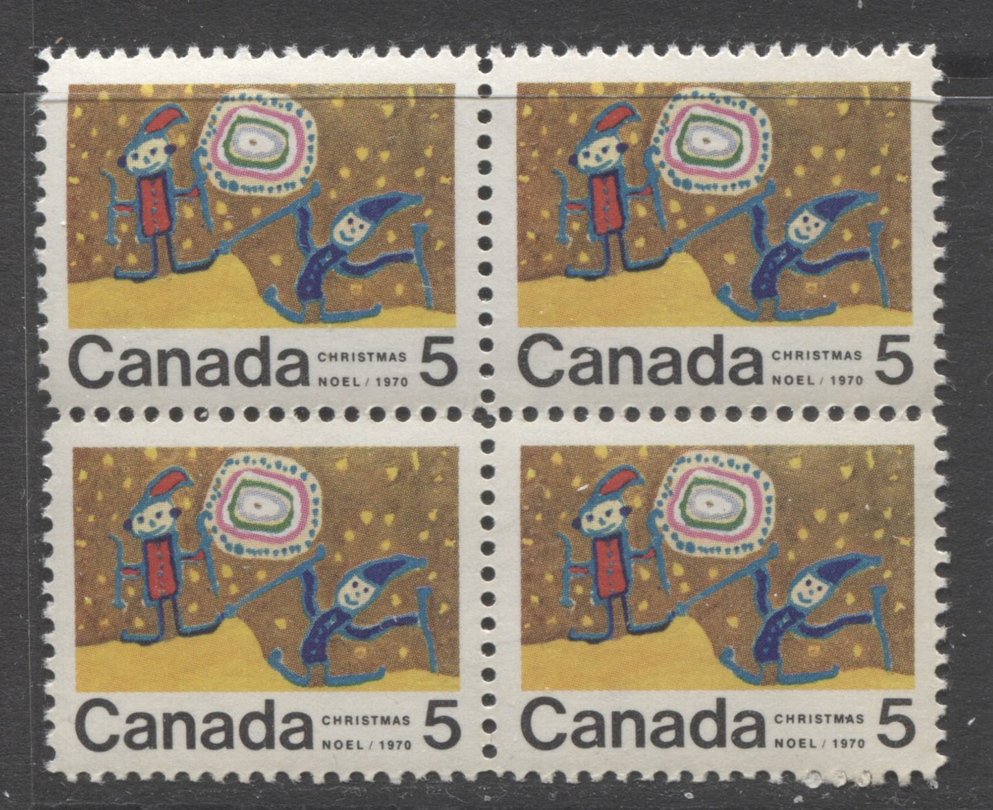 Canada #522i 5c Multicolored Children Skiing, 1970 Christmas, A VFNH Block Of 4 On Ribbed HF Paper, Perf 11.9 x 11.95