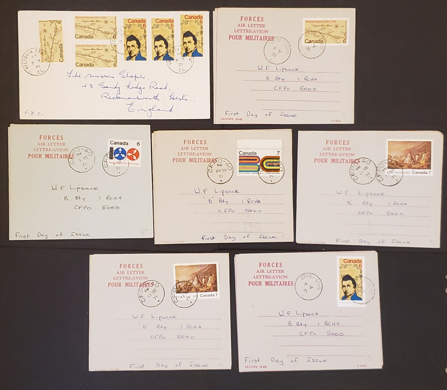 Canada #539-540, 542, 552-553 6c-7c Multicolored Various Subjects 1971 Commemoratives, 6 Covers Franked With Singles & Combos, Forces Letter Mail, With First Day Cancels, Net Est. $15