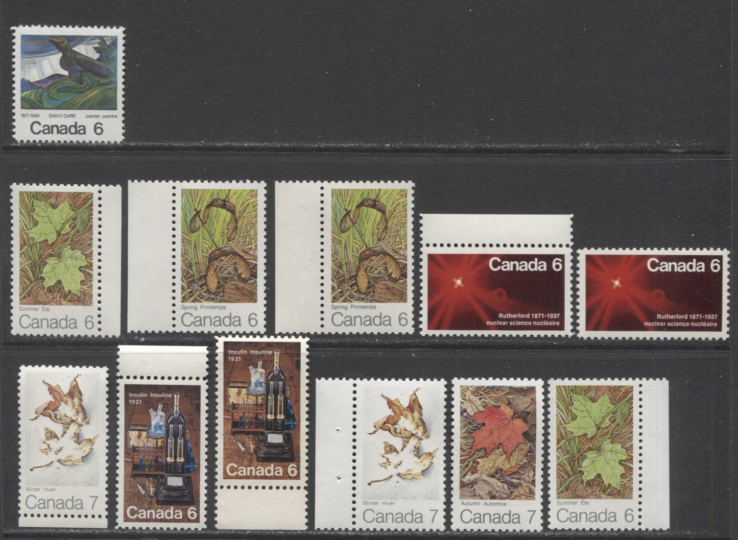 Canada #532-538 1971 Commemoratives, A Specialized Lot of 11 VFNH Stamps Including Listed Paper Varieties, and Several Unlisted Ones, Unitrade Cat. $7
