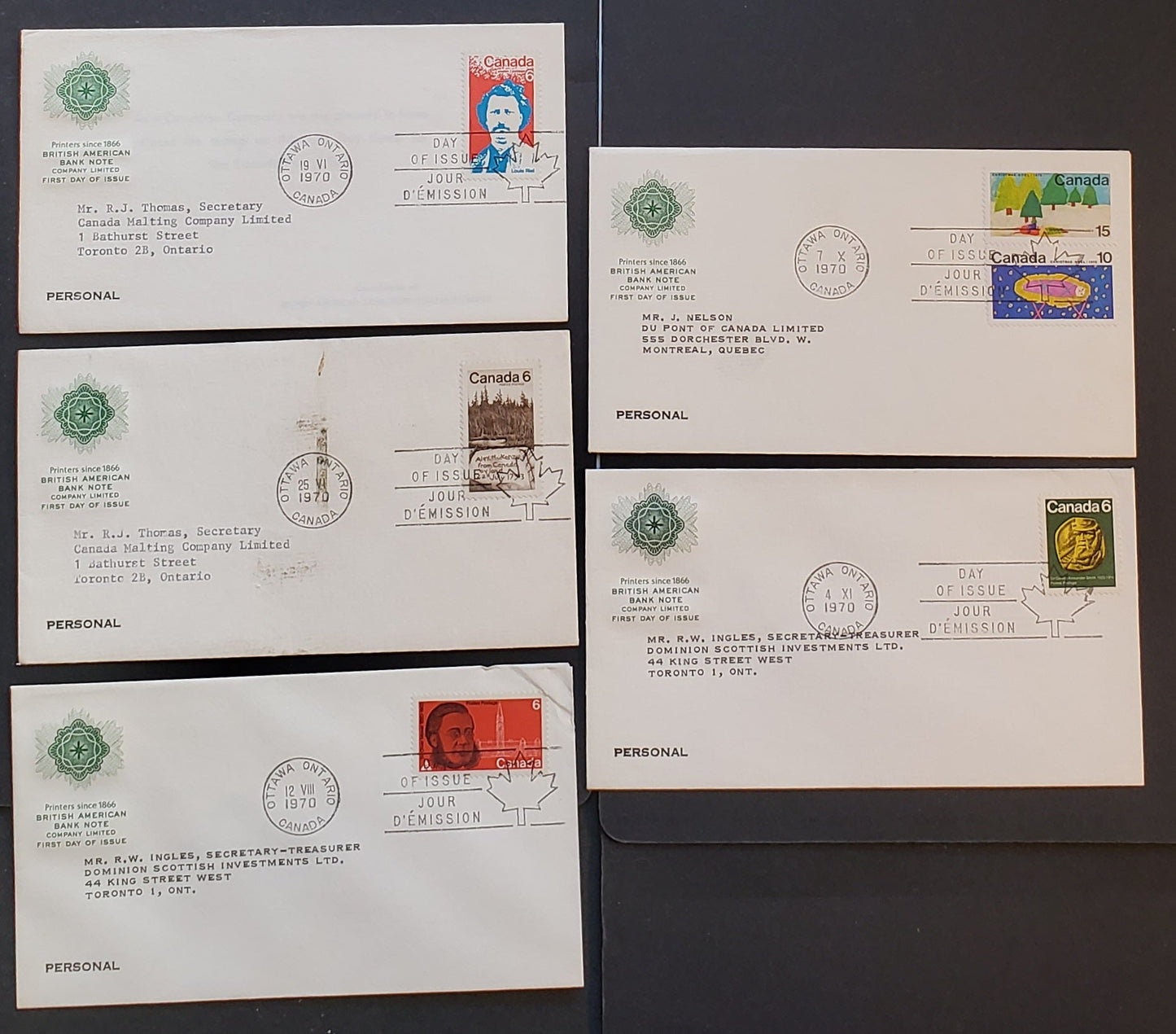 Canada #505-507, 508-517, 529-531 6c-25c Multicoloured Various Designs 1970 Manitoba Centennial,Smith Issues, 11 British American Bank Note First Day Covers Franked With Singles, DF, HF, HB Paper, Cat. Value $34