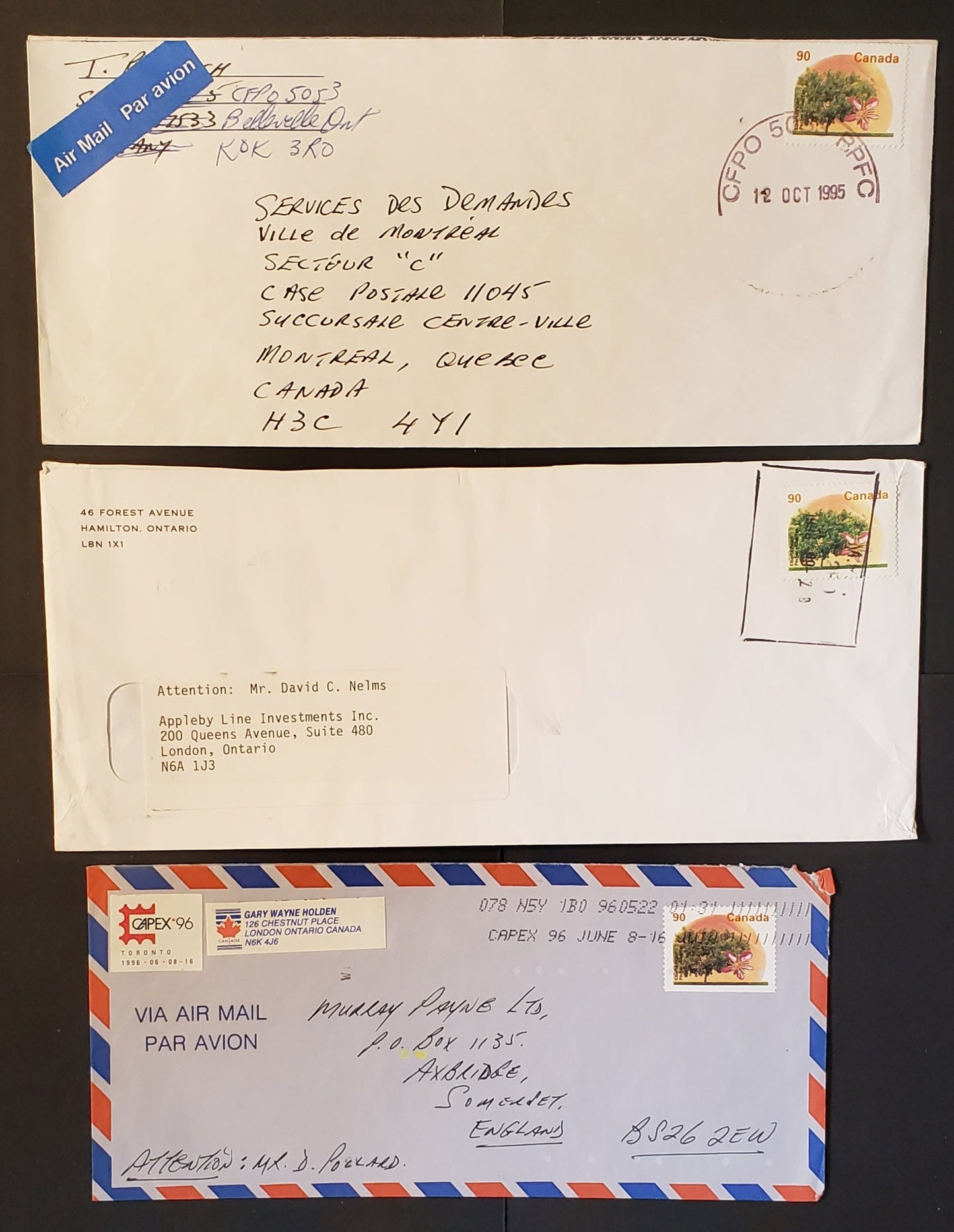 Canada #1374, 1374a, 1374i 90c Elberta Peach, Single Usage on Two Domestic Oversize Covers and One Airmail Cover to UK