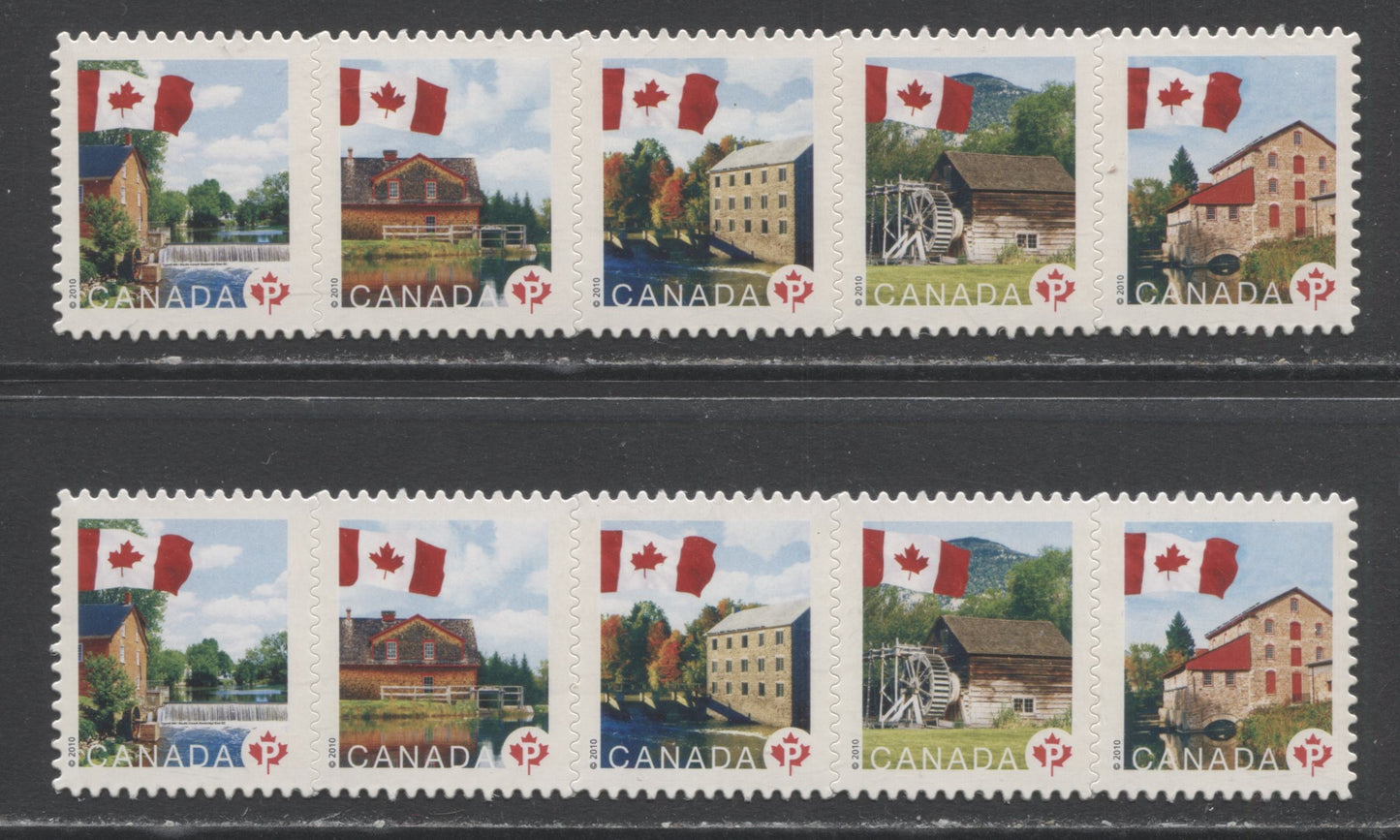 Lot 9 Canada #2355i P(57c) Multicolored Flags Over Mills, 2010 Permanents, 2 VFNH Strips Of 5, Die Cut To Shape On HF & HB Backing Papers