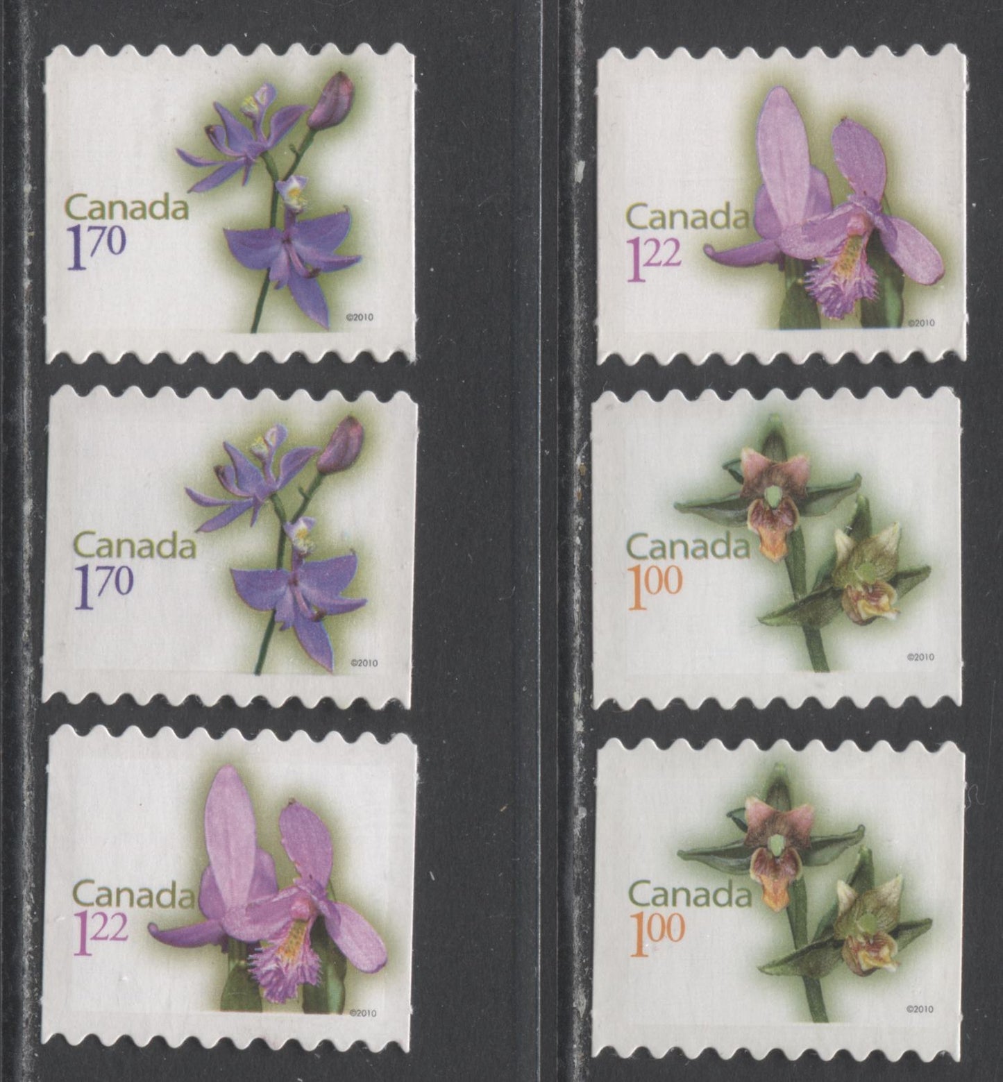 Lot 333 Canada #2362i-2364ii $1-$1.70 Multicolored Giant Helleborine-Grass Pink, 2010 Flower Definitives - Booklets, 6 VFNH Booklet Singles, Die Cut To Shape On DF & LF Papers