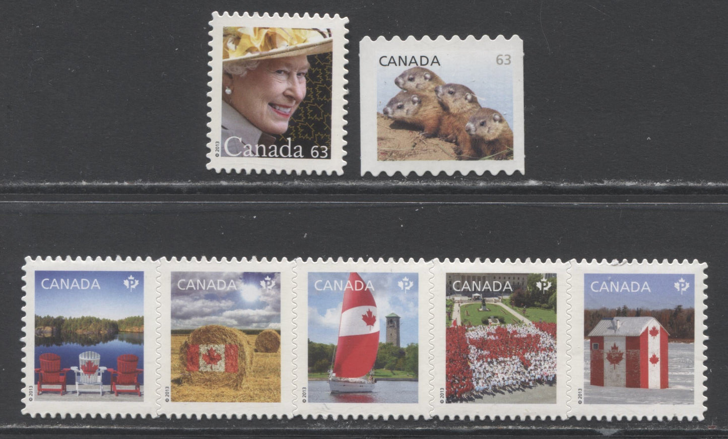 Lot 10 Canada #2692ii, 2697i, 2698i 63c & P(63c) Multicolored Woodchucks - Queen Elizabeth II, 2013 Baby Wildlife Coils, Canadian Pride & Queen Elizabeth II, 3 VFNH Singles & Se-tenant Strip Of 5 Die Cut To Shape From Quarterly Pack