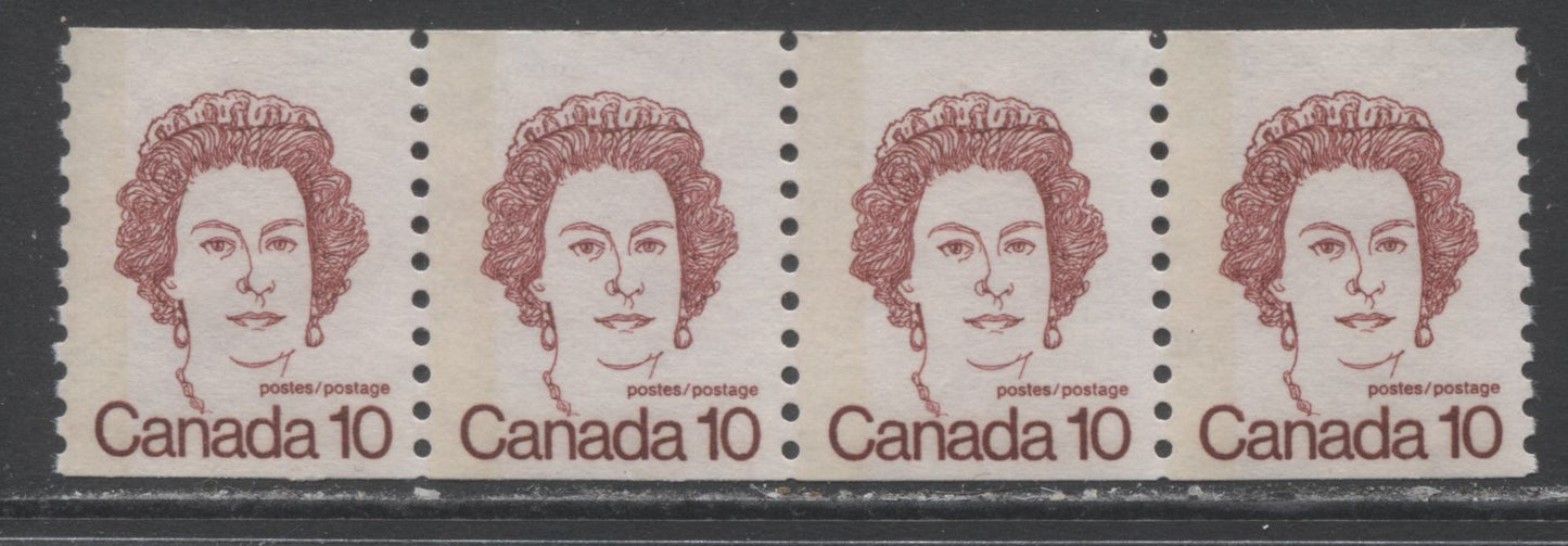 Lot 10 Canada #605T1 10c Dark Carmine Queen Elizabeth II, 1974-1976 Caricature Definitives - Coil Stamp Issue, A VFNH Strip Of 4 On DF Paper, All Stamps Having The G2alL Tagging Error On Right Stamp, No Trace Of Tagging On Right Side Of Right Stamp $120
