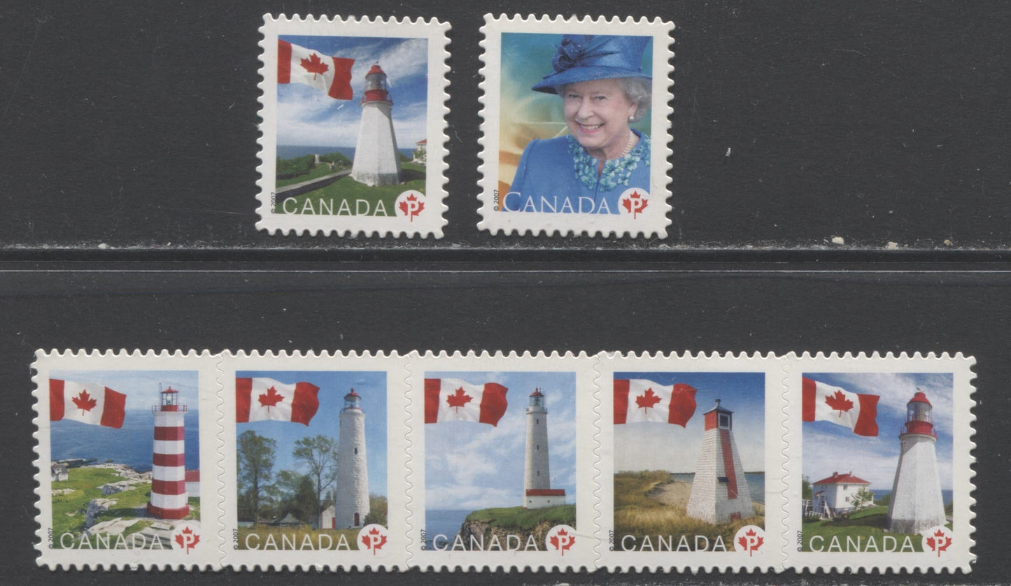 Lot 9 (C) Canada #2253i, 2253Bi, 2248i p(52c) Multicolored Queen Elizabeth II & Flags, 2007 Queen Elizabeth II & Lighthouse Booklets, 3 VFNH Singles & Strip Of 5 Die Cut To Shape From Quarterly Packs