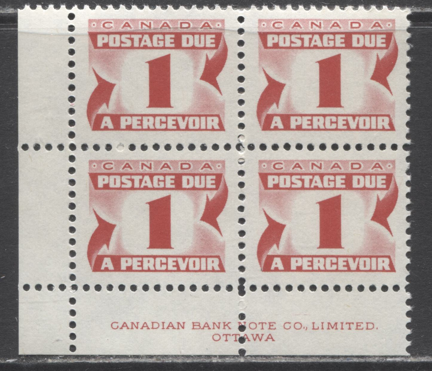 Lot 15 Canada #J28iii 1c Carmine Rose, 1973-1974 Third Centennial Red Postage Due Issue, A VFNH LL Inscription Block Of 4 On HB (MF-fl) Paper