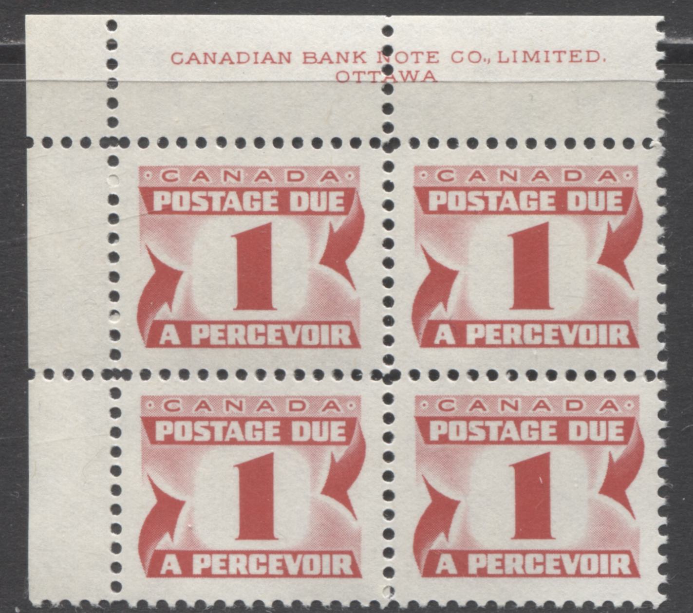 Lot 15 Canada #J28iii 1c Carmine Rose, 1973-1974 Third Centennial Red Postage Due Issue, A VFNH UL Inscription Block Of 4 On HB (MF-fl) Paper