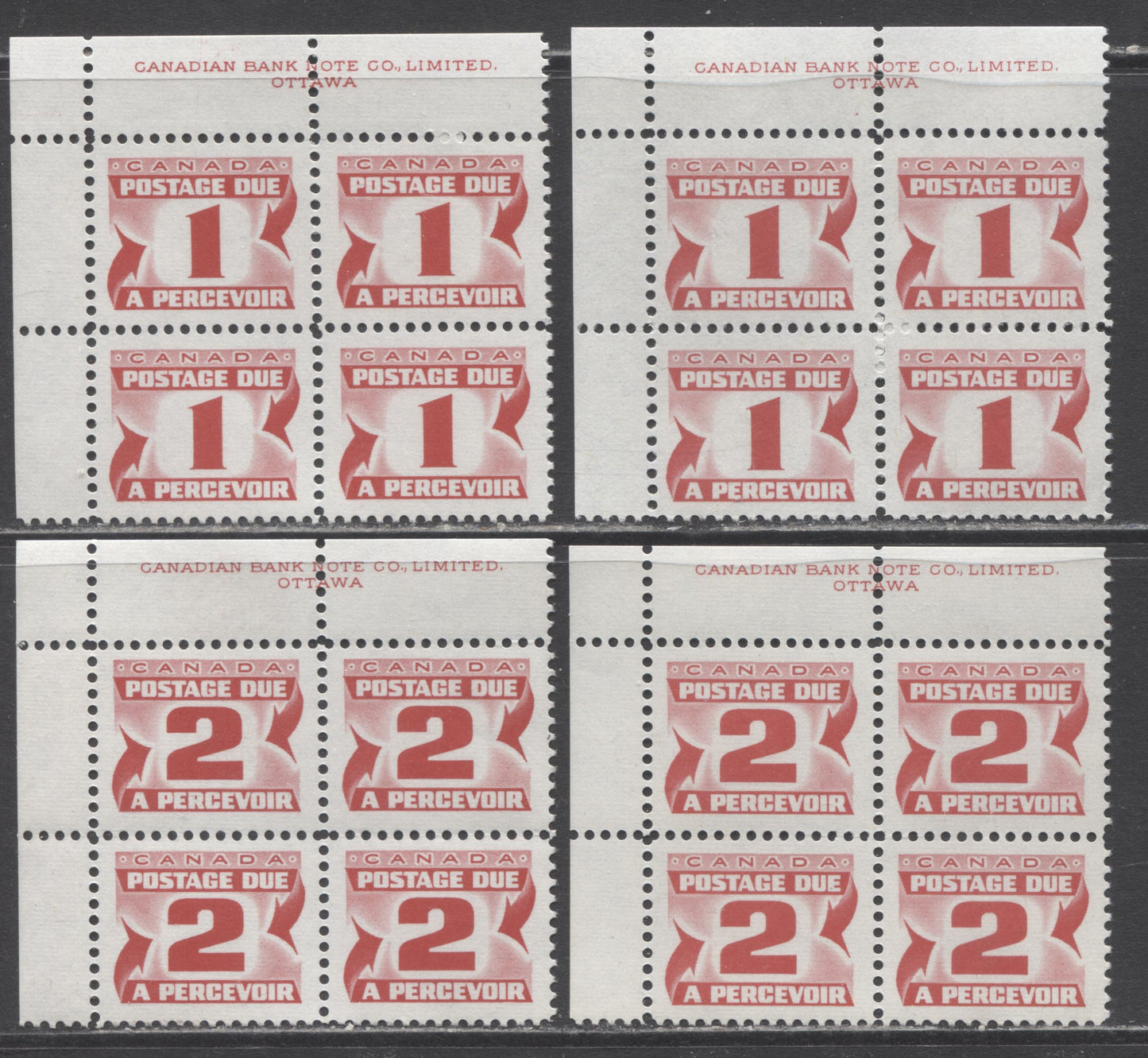 Lot 363 Canada #J28i,ii,J29i 1c & 2c Carmine Rose, 1973-1974 Third Centennial Red Postage Due Issue, 4 VFNH UL Inscription Blocks Of 4 With DF Ivory, DF Grayish Ribbed & LF Bluish White Ribbed Papers