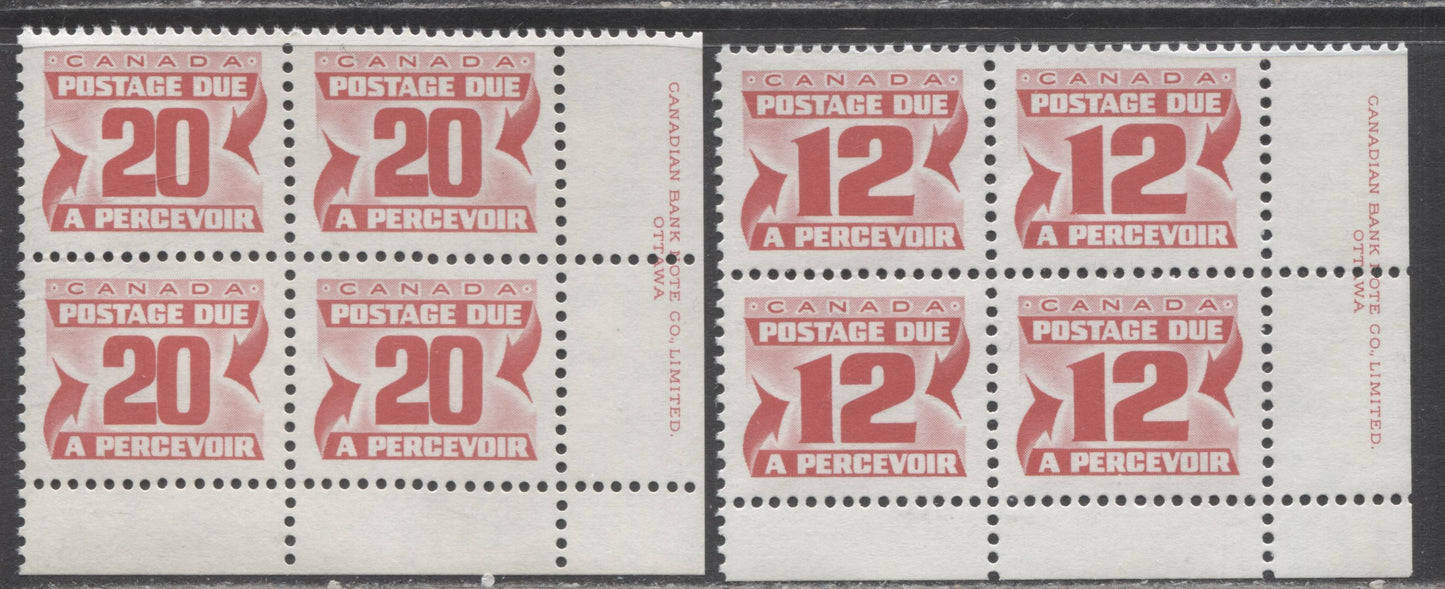 Canada #J36a-J38 12c & 20c Carmine Rose, 1977-1978 Fourth Centennial Red Postage Due Issue, 2 VFNH LR Inscription Blocks Of 4 On DF Grayish & LF Bluish White Papers