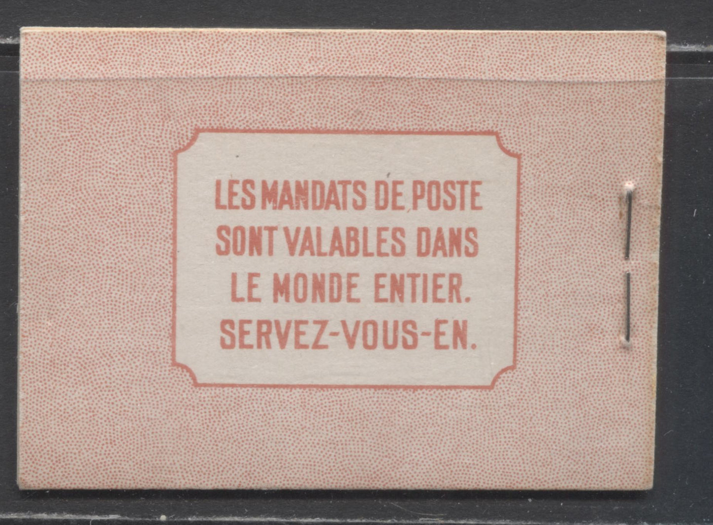 Lot 18 Canada #BK30cF 1937-1942 Mufti Issue, Complete 25c French Booklet, 2 Panes of 4 + 2 Labels of 3c Carmine, 6c Rate Page, Smooth Vertical Wove Paper, Type II, Front Cover Type IIn