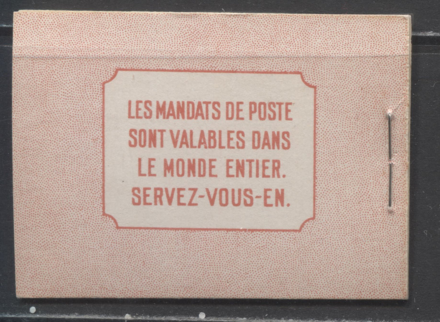 Lot 76 Canada #BK30cF 1937-1942 Mufti Issue, Complete 25c French Booklet, 2 Panes of 4 + 2 Labels of 3c Carmine, 6c Rate Page, Vertical Wove Paper, Type II, Front Cover Type IIo