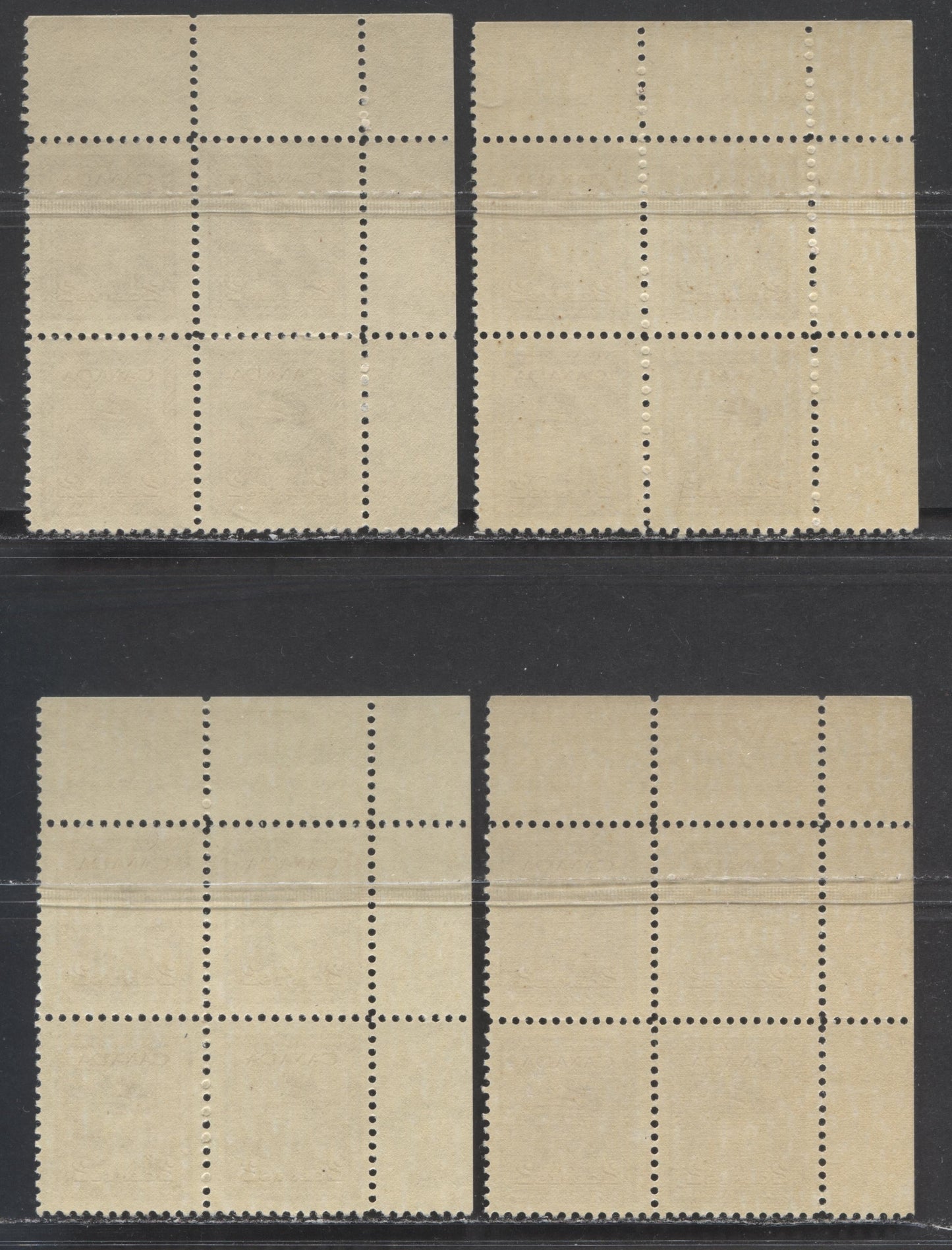 Lot 11 Canada #250 2c Brown, 1942-1943 War Issue, 4 VFNH UL Plate 2 Blocks Of 4 Printed In Various Shades, Papers & Gums