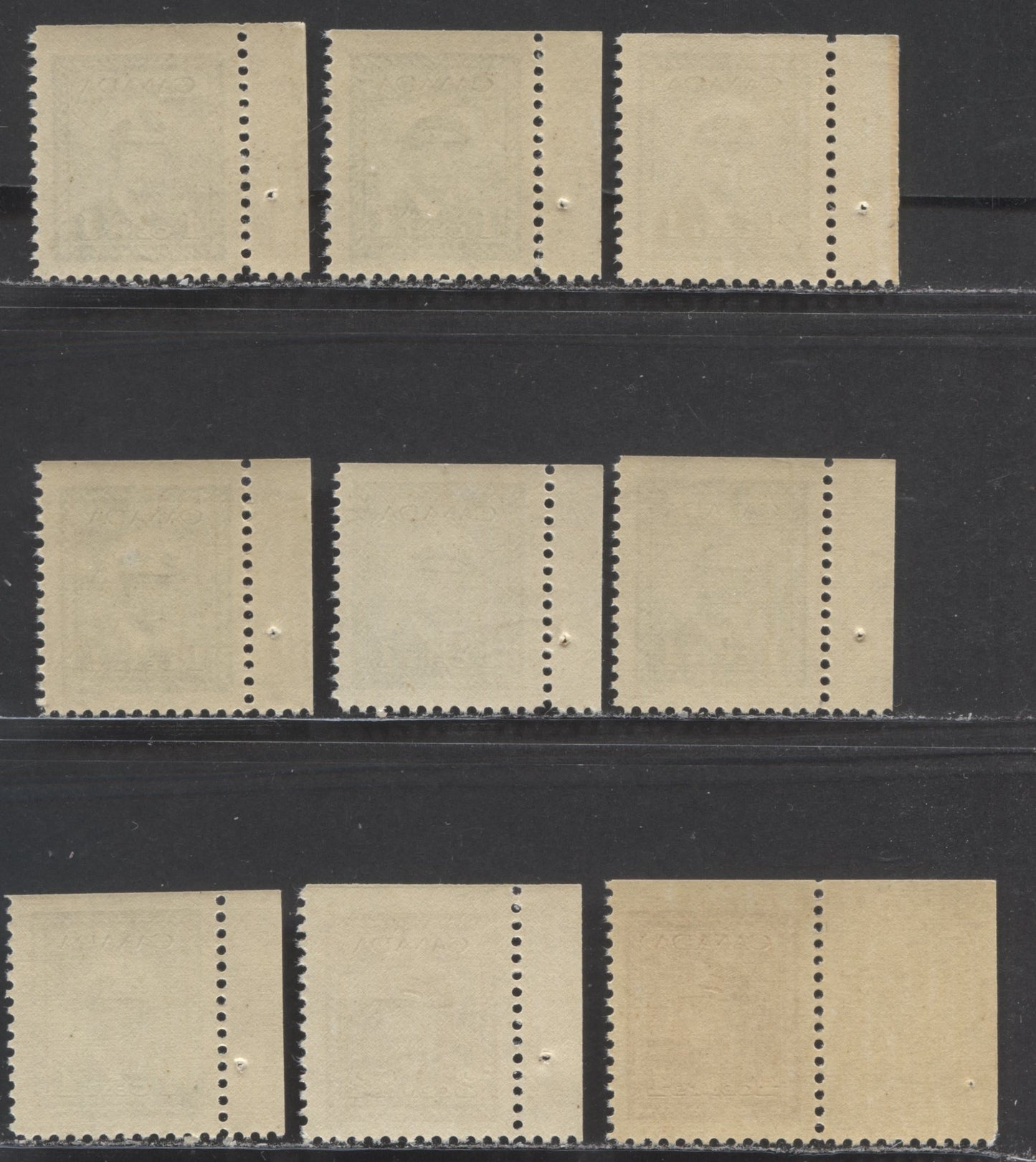 Lot 22 Canada #249bs, 250as, 254as 1c-2c, 4c Green - Dark Carmine, 1942-1943 War Issue, 9 VFNH UL Booklet Singles From Panes Of 4 + 2 Labels With Various Shades & Papers On Cream Gum