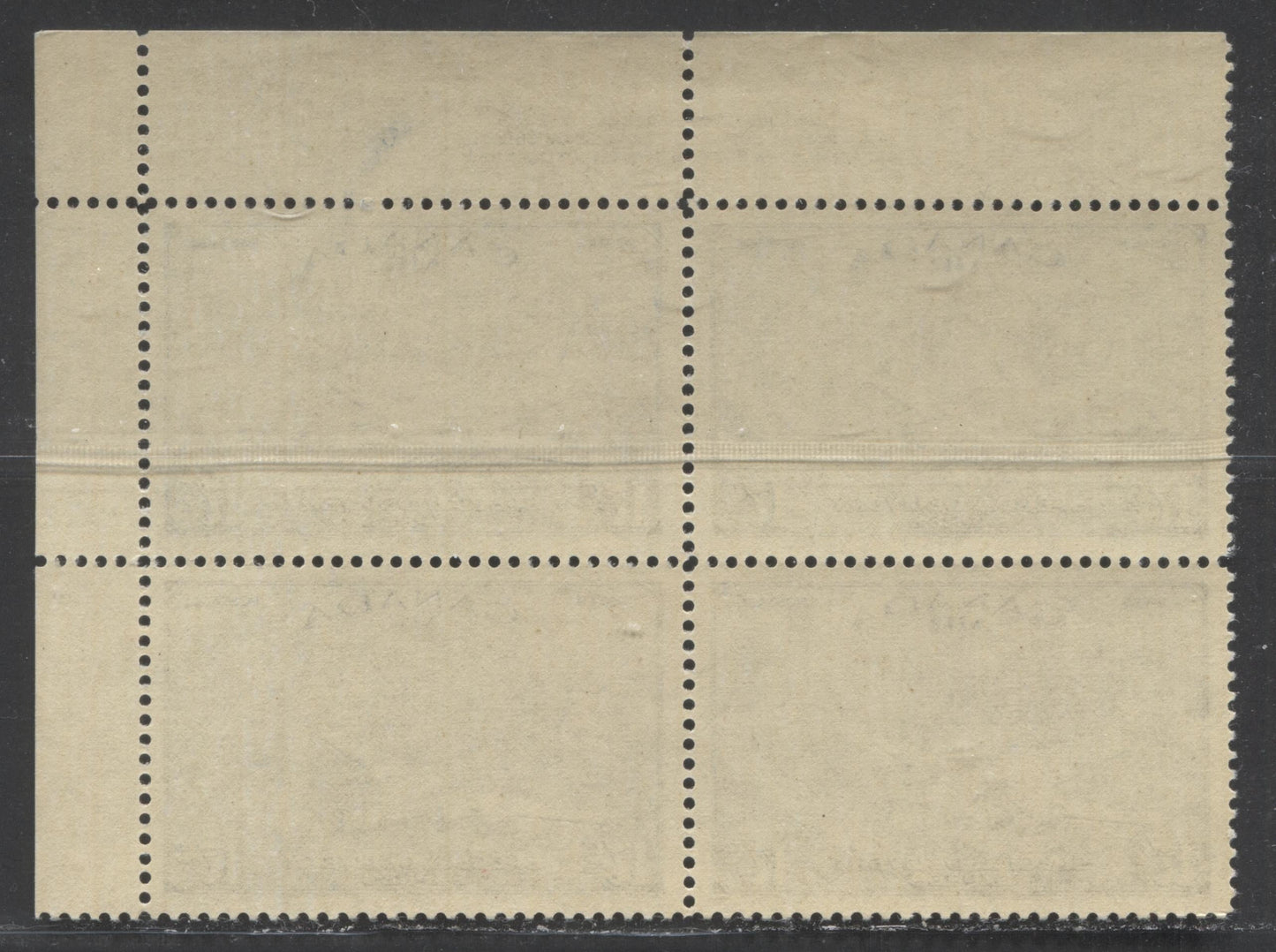 Lot 30 Canada #CE3 17c Deep Royal Blue D.C 4-M Airplane, 1946 Air Mail Special Delivery Issue, A VFNH UR Plate 1 Block Of 4 On Horizonal Ribbed Paper With Cream Semi-Gloss Gum