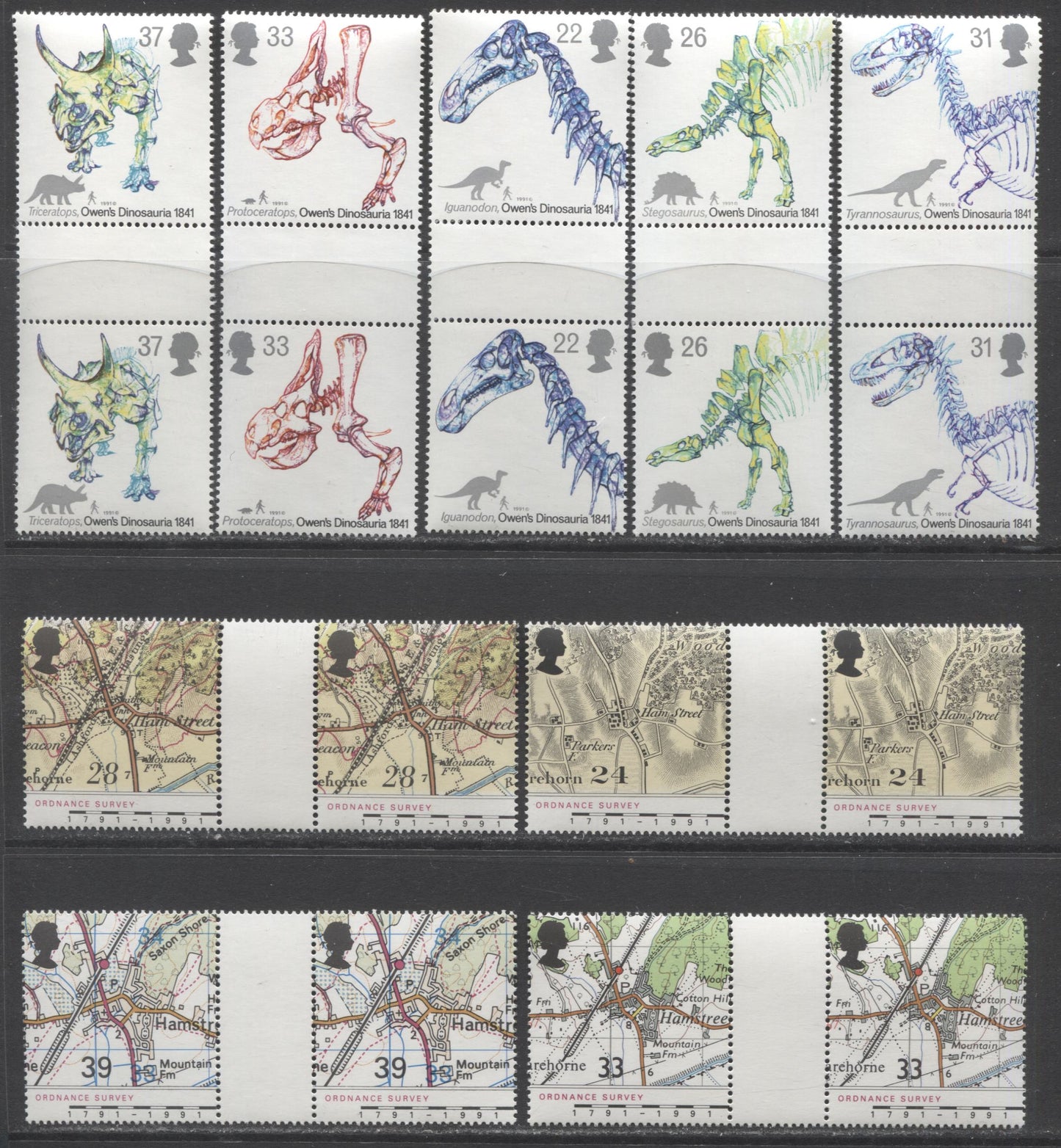 Lot 30 Great Britain SG#1573-1577 1991 150th Anniversary Of Dinosaur Identification & Bicentenary Of Ordinance Survey, 9 VFNH Gutter Pairs, Click on Listing to See ALL Pictures, Estimated Value $21.2 CDN